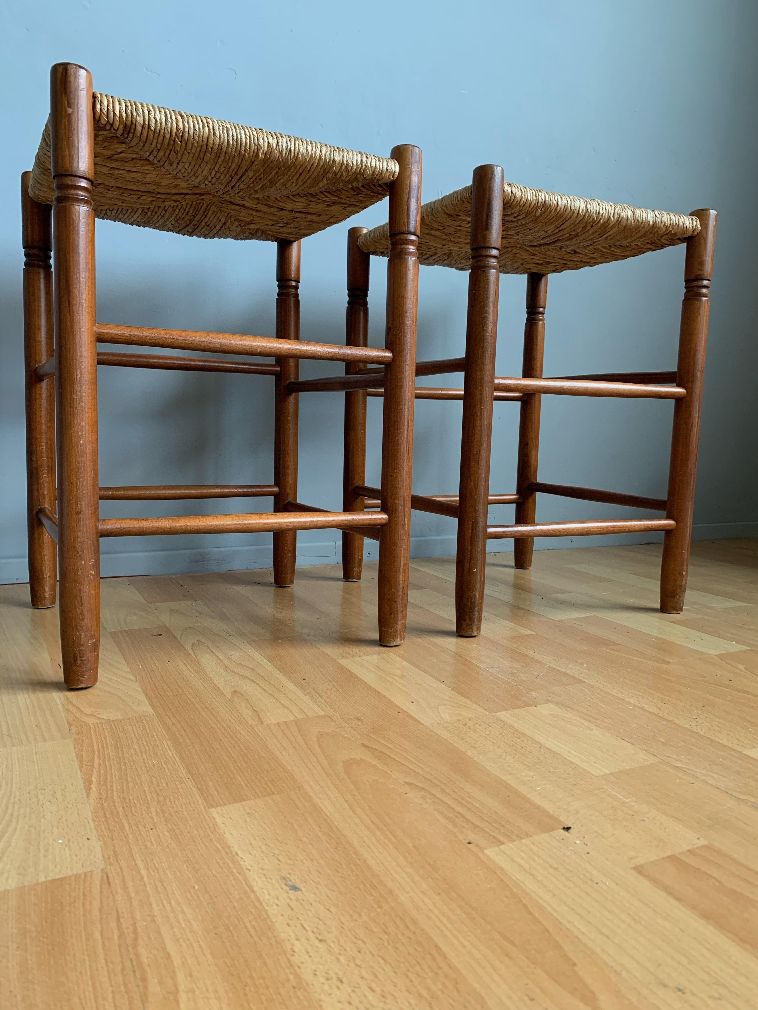 Hand-Crafted Pair Vintage Wood Country House Stools with Rush Seats Charlotte Perriand Style