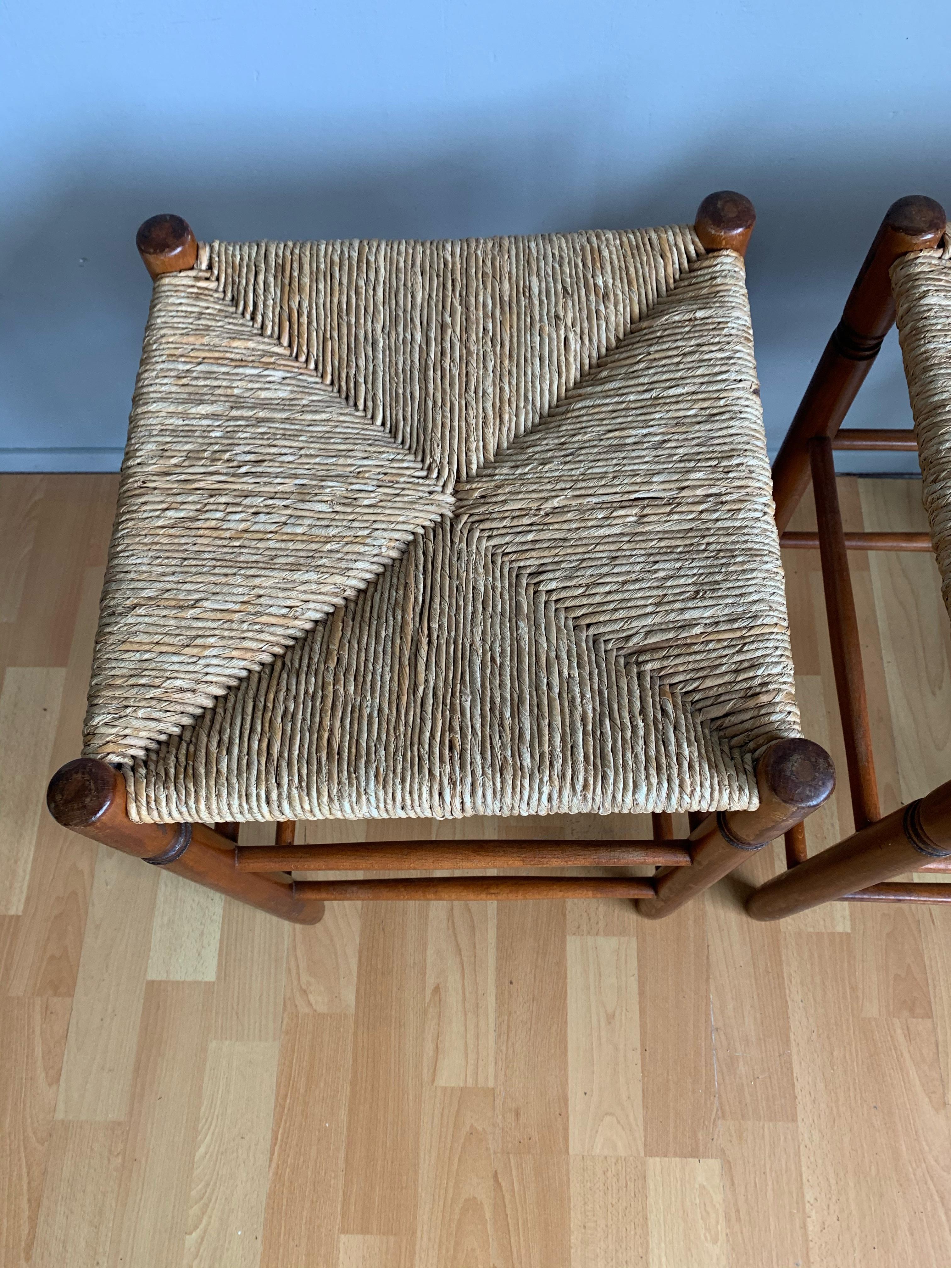 Pair Vintage Wood Country House Stools with Rush Seats Charlotte Perriand Style In Excellent Condition In Lisse, NL