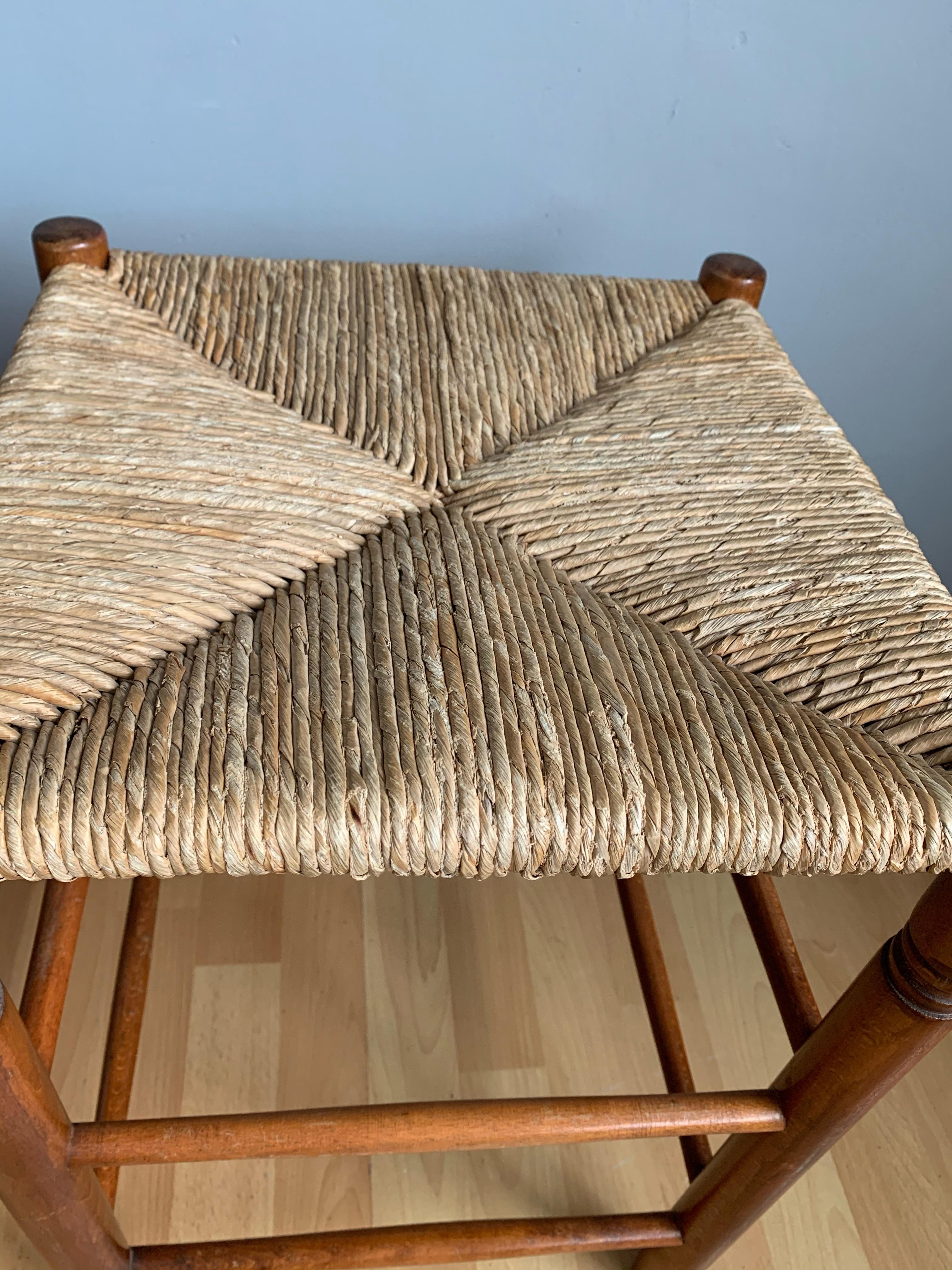 20th Century Pair Vintage Wood Country House Stools with Rush Seats Charlotte Perriand Style