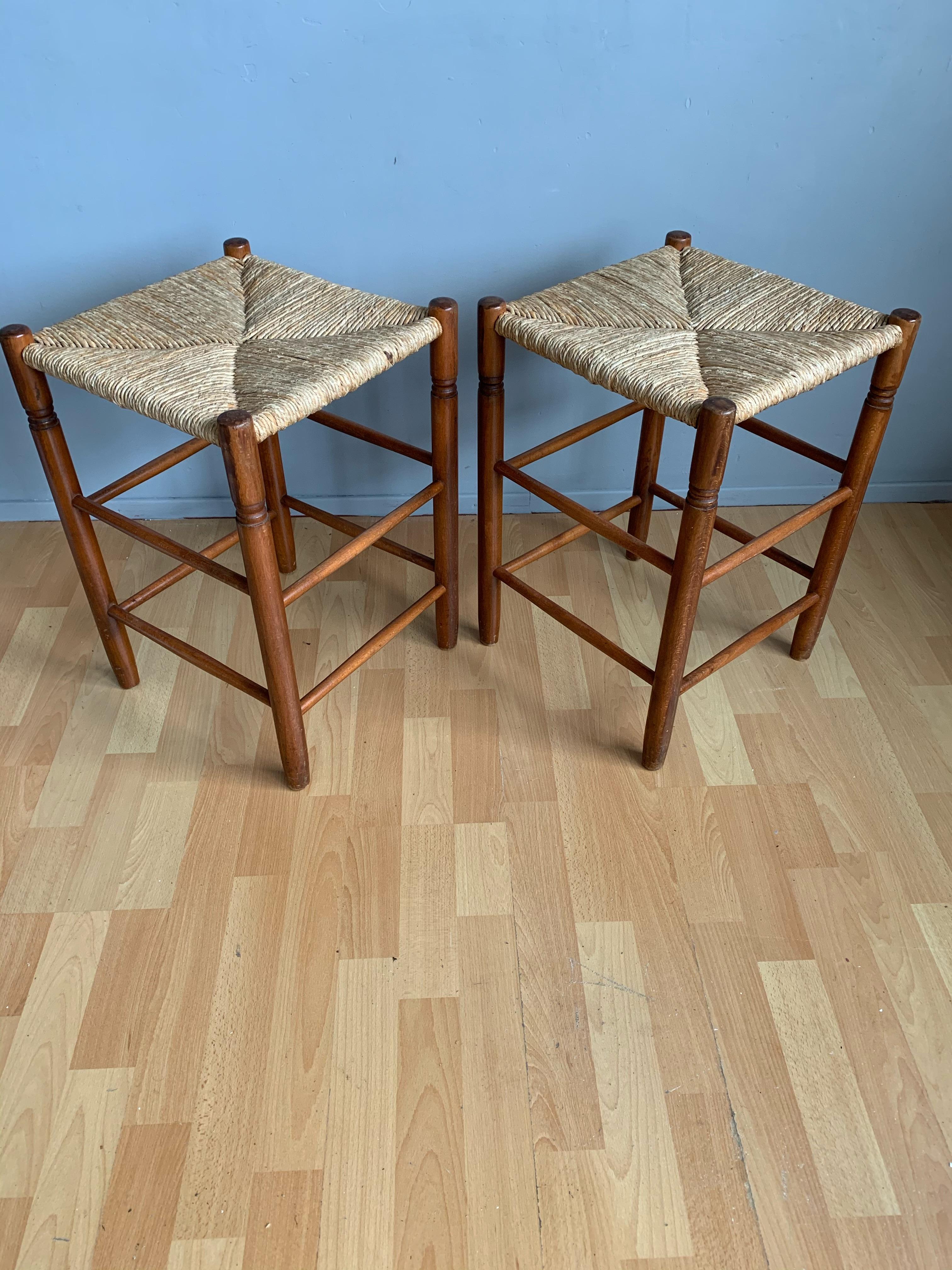 Pair Vintage Wood Country House Stools with Rush Seats Charlotte Perriand Style 1