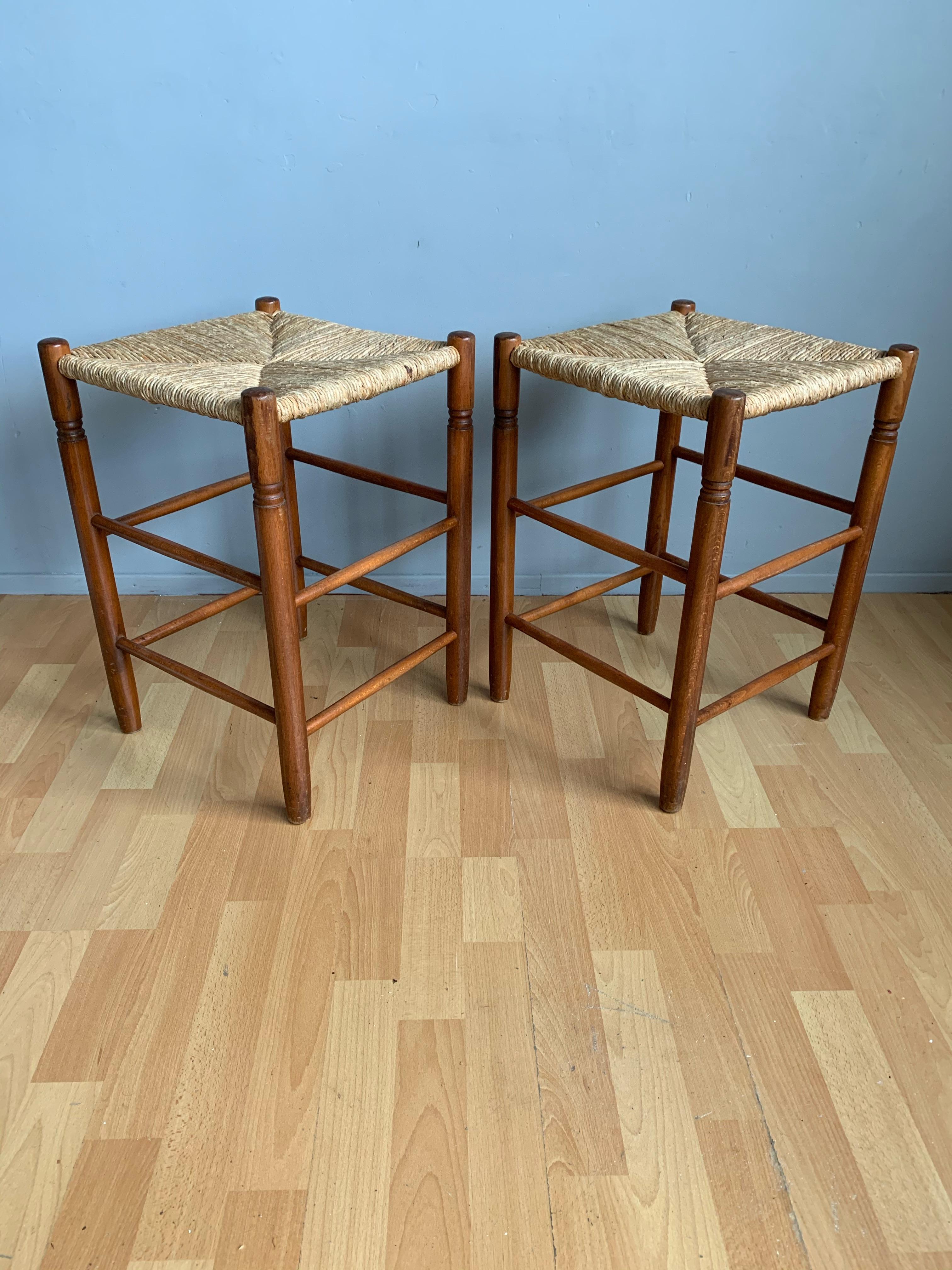 Pair Vintage Wood Country House Stools with Rush Seats Charlotte Perriand Style 3
