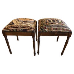 Vintage Pair of Wood & Earthy Kilim Textile Upholstered Benches Stools