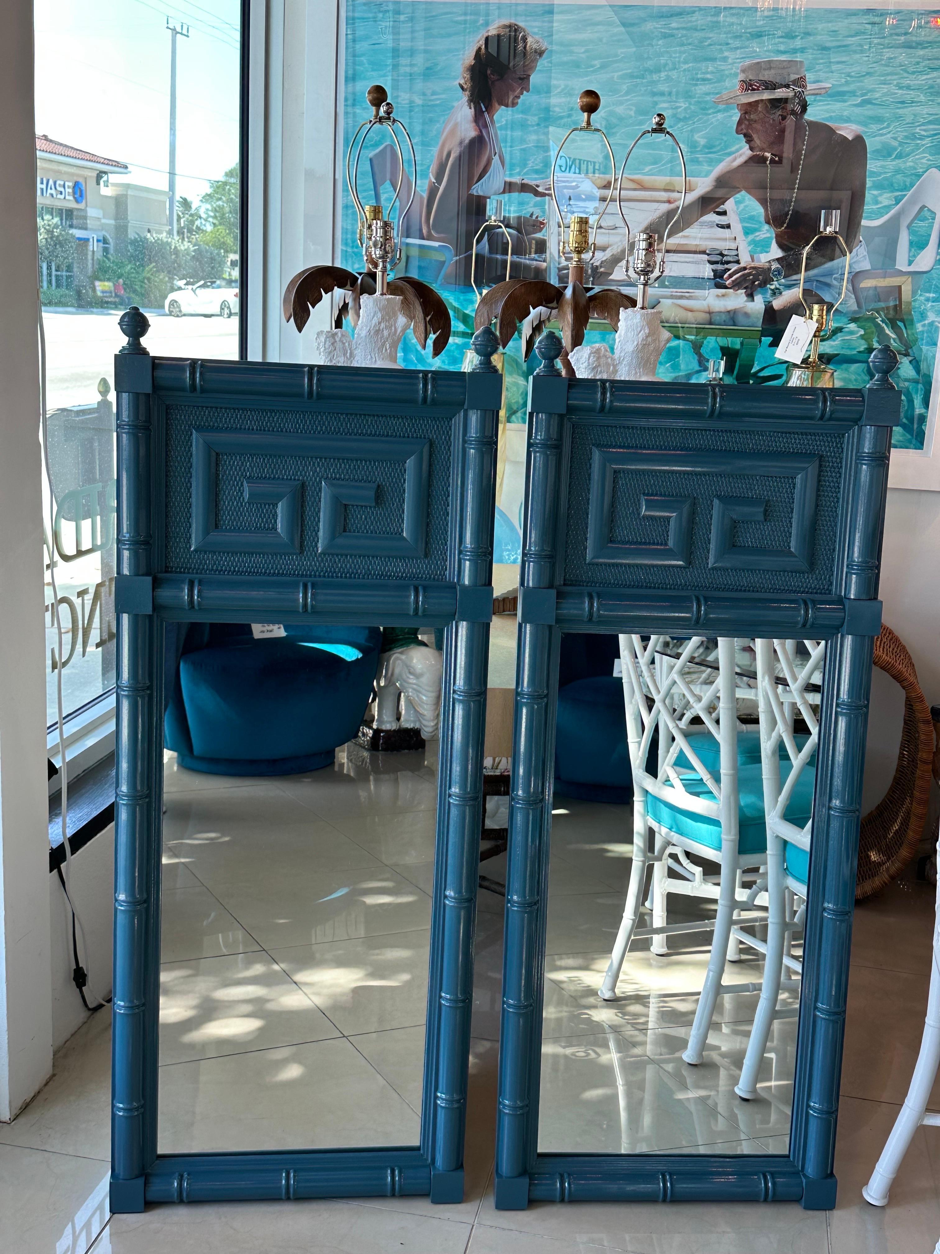 Vintage Pair of Wood Faux Bamboo Greek Key Blue Lacquered Wall Mirrors For Sale 3
