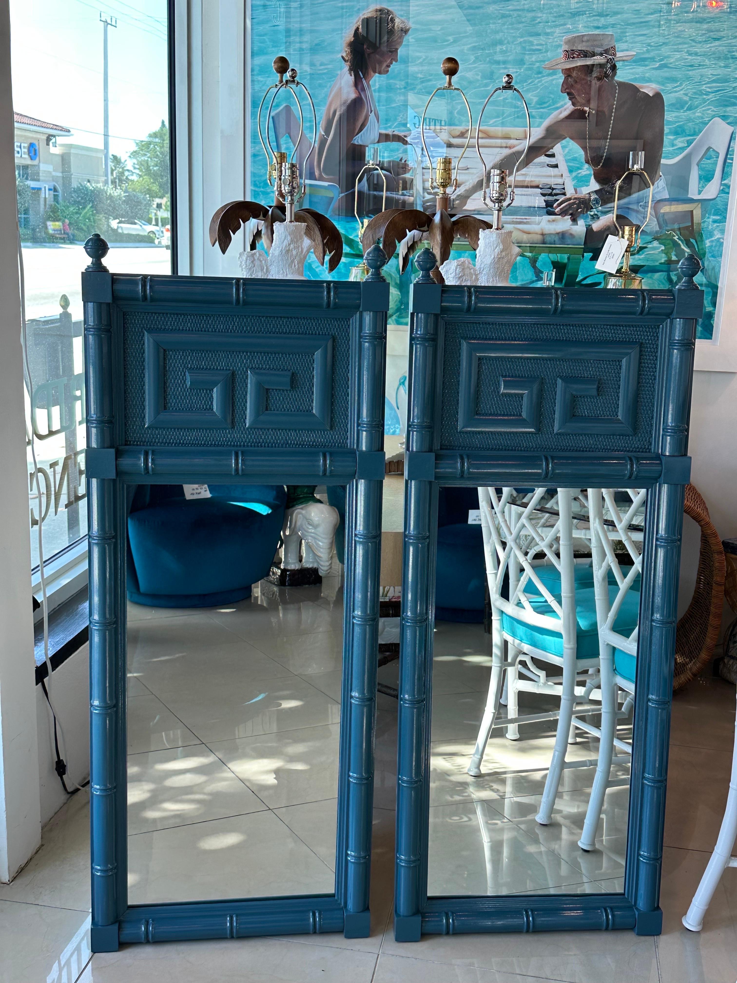 Vintage Pair of Wood Faux Bamboo Greek Key Blue Lacquered Wall Mirrors For Sale 4