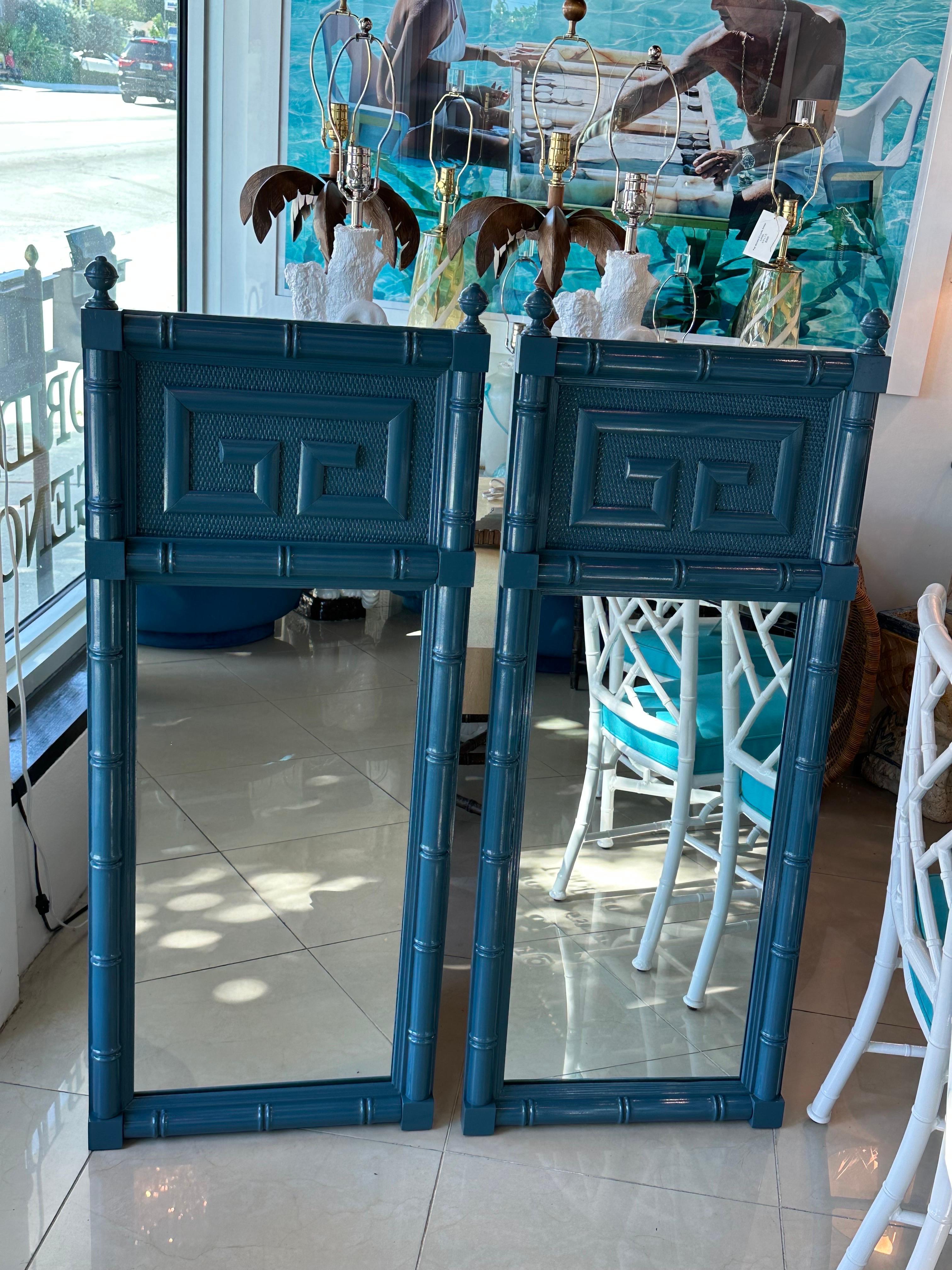 Vintage Pair of Wood Faux Bamboo Greek Key Blue Lacquered Wall Mirrors For Sale 6