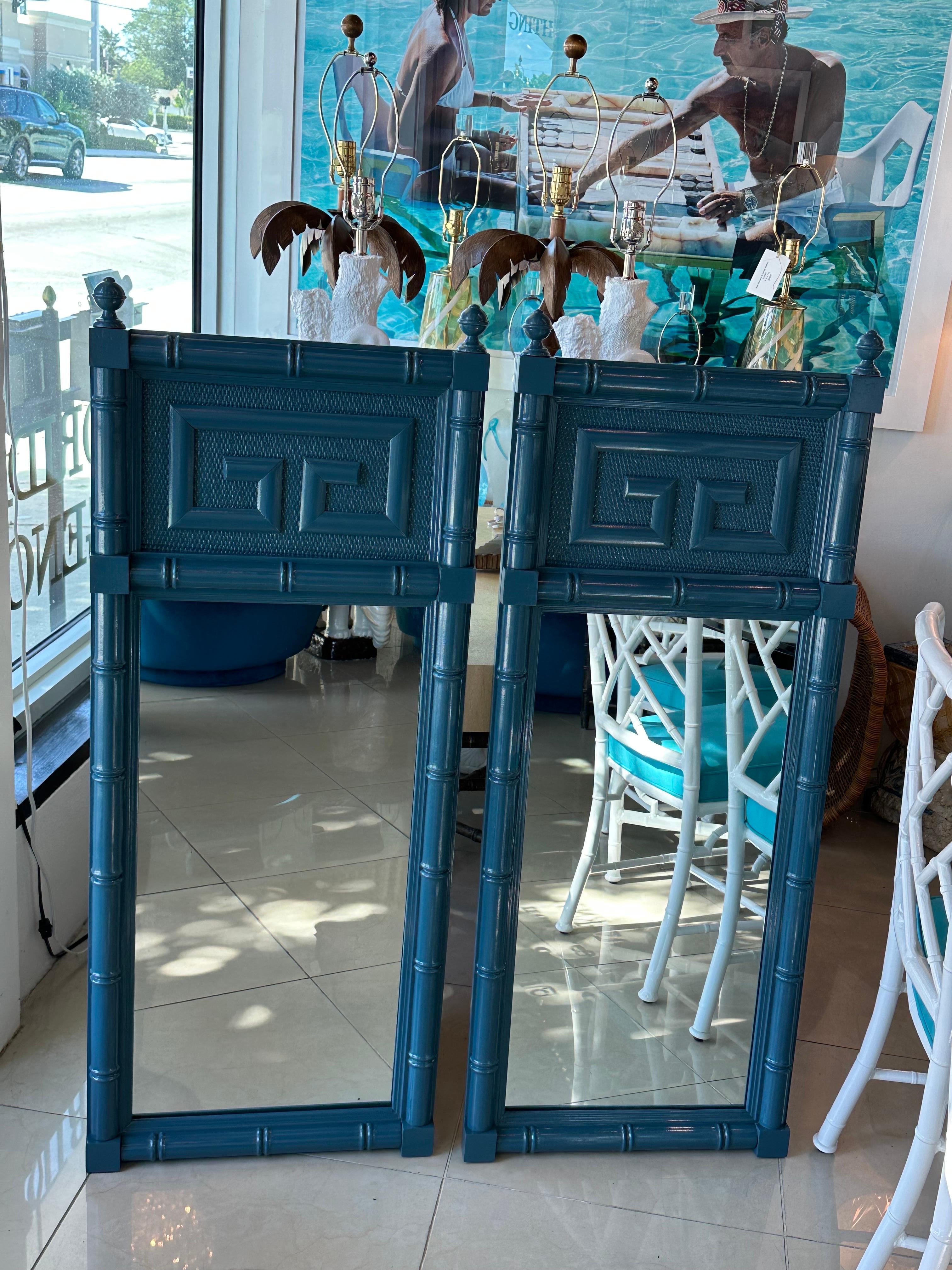 Vintage Pair of Wood Faux Bamboo Greek Key Blue Lacquered Wall Mirrors For Sale 7