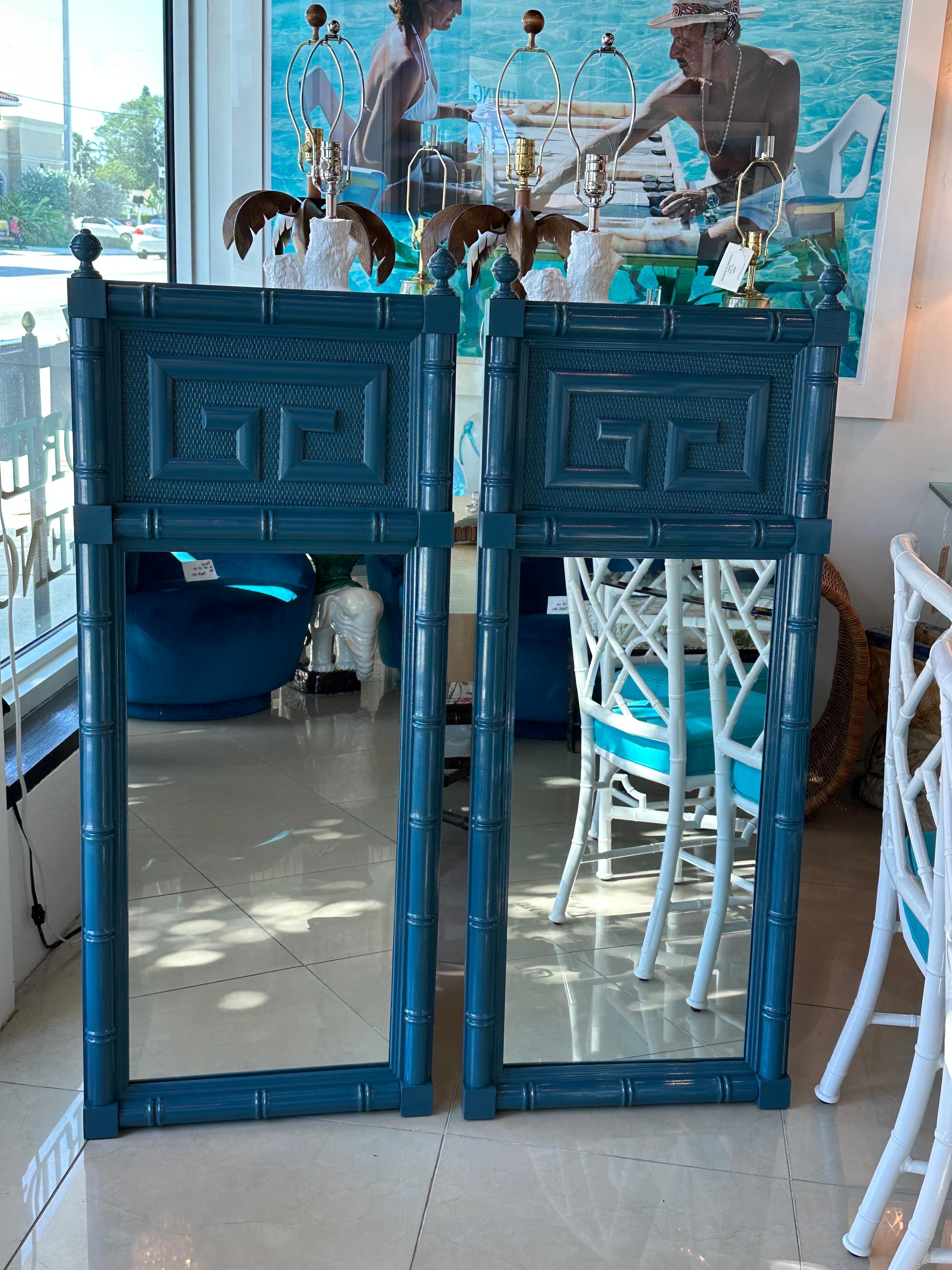 Hollywood Regency Vintage Pair of Wood Faux Bamboo Greek Key Blue Lacquered Wall Mirrors For Sale