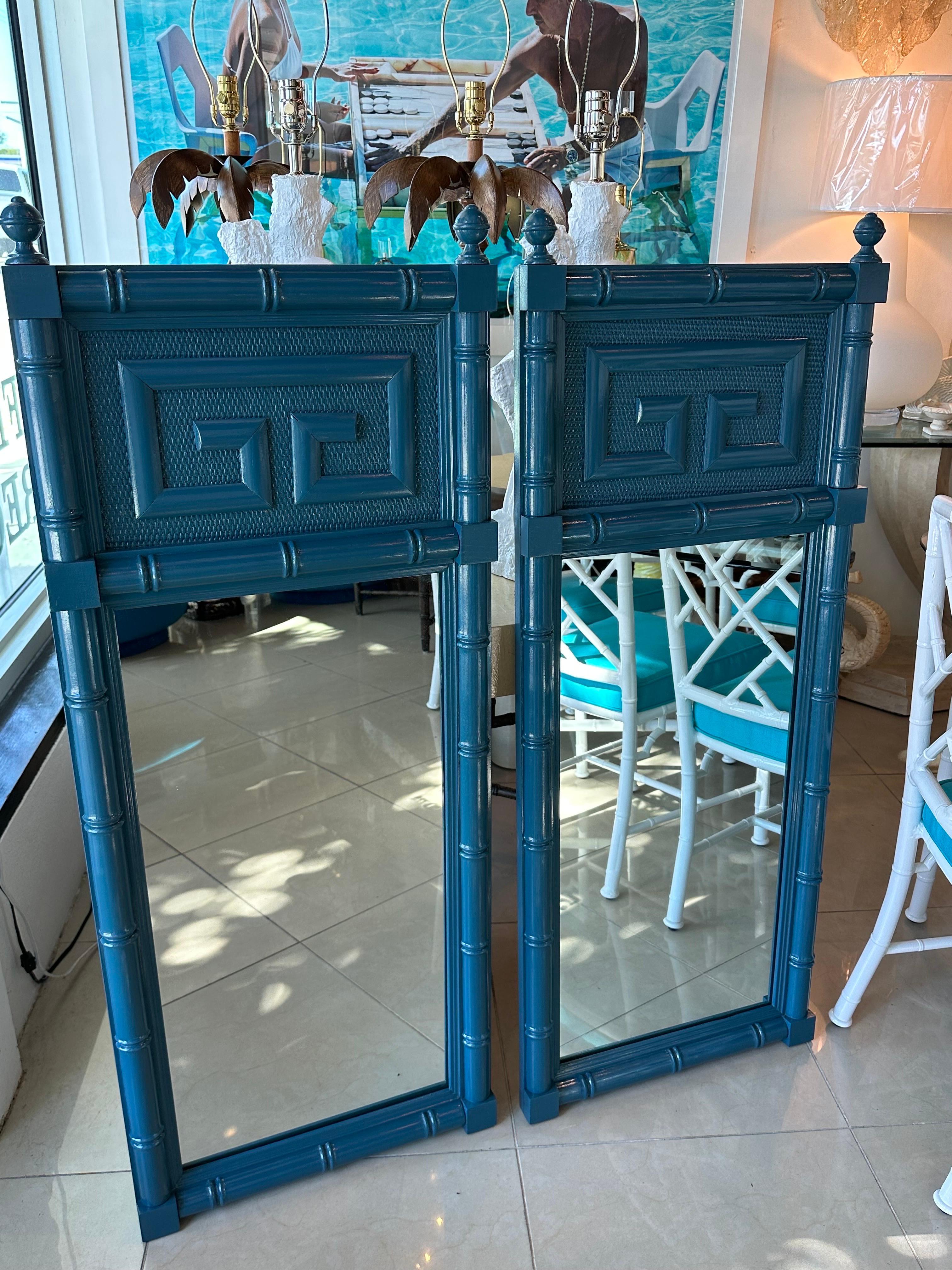 Vintage Pair of Wood Faux Bamboo Greek Key Blue Lacquered Wall Mirrors In Good Condition For Sale In West Palm Beach, FL