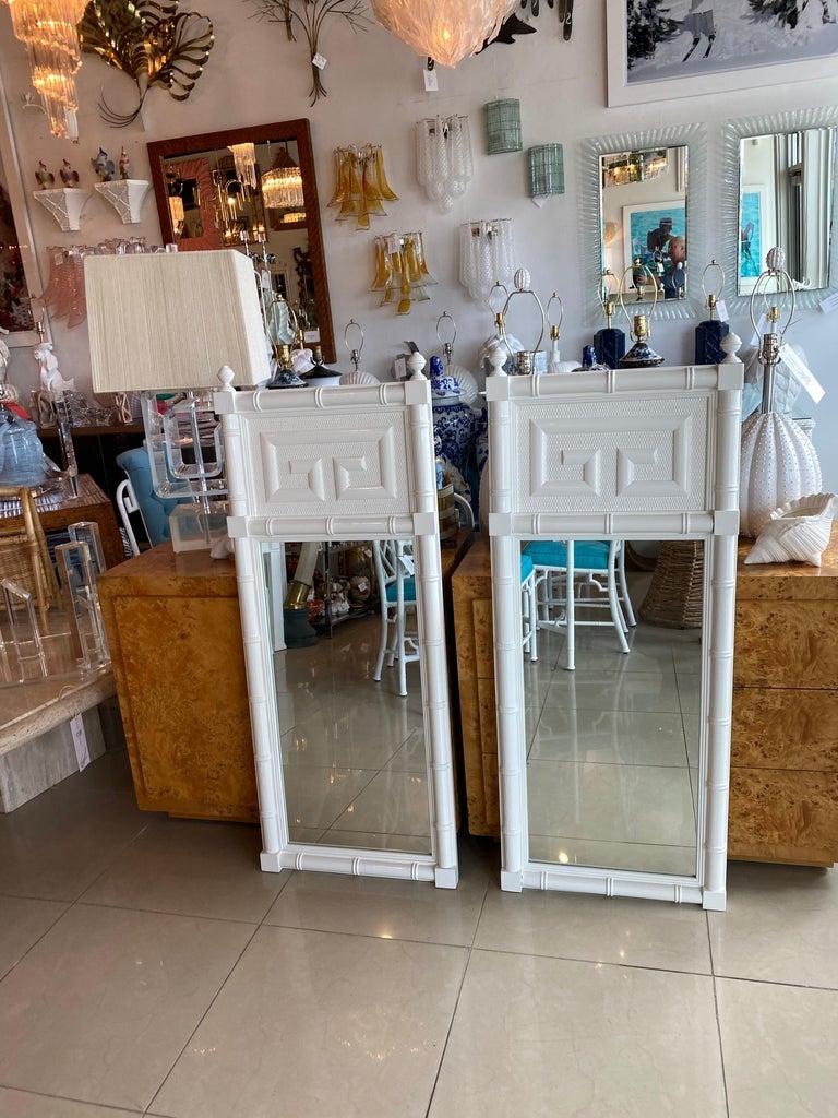 Vintage Pair of Wood Faux Bamboo Greek Key White Lacquered Wall Mirrors For Sale 2