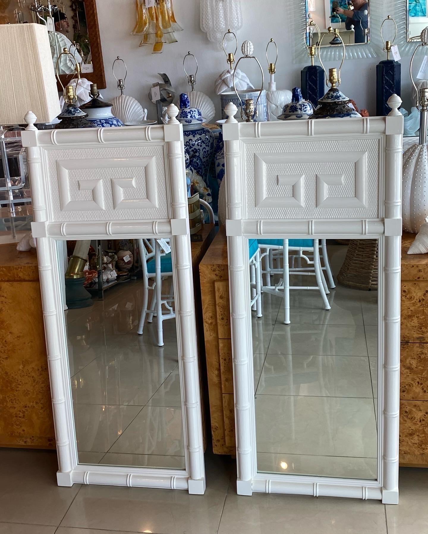 Vintage Pair of Wood Faux Bamboo Greek Key White Lacquered Wall Mirrors 5