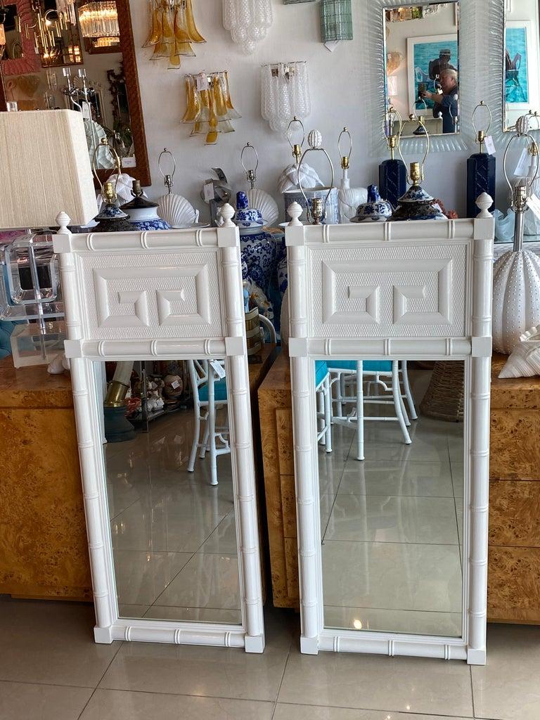 Vintage Pair of Wood Faux Bamboo Greek Key White Lacquered Wall Mirrors For Sale 3