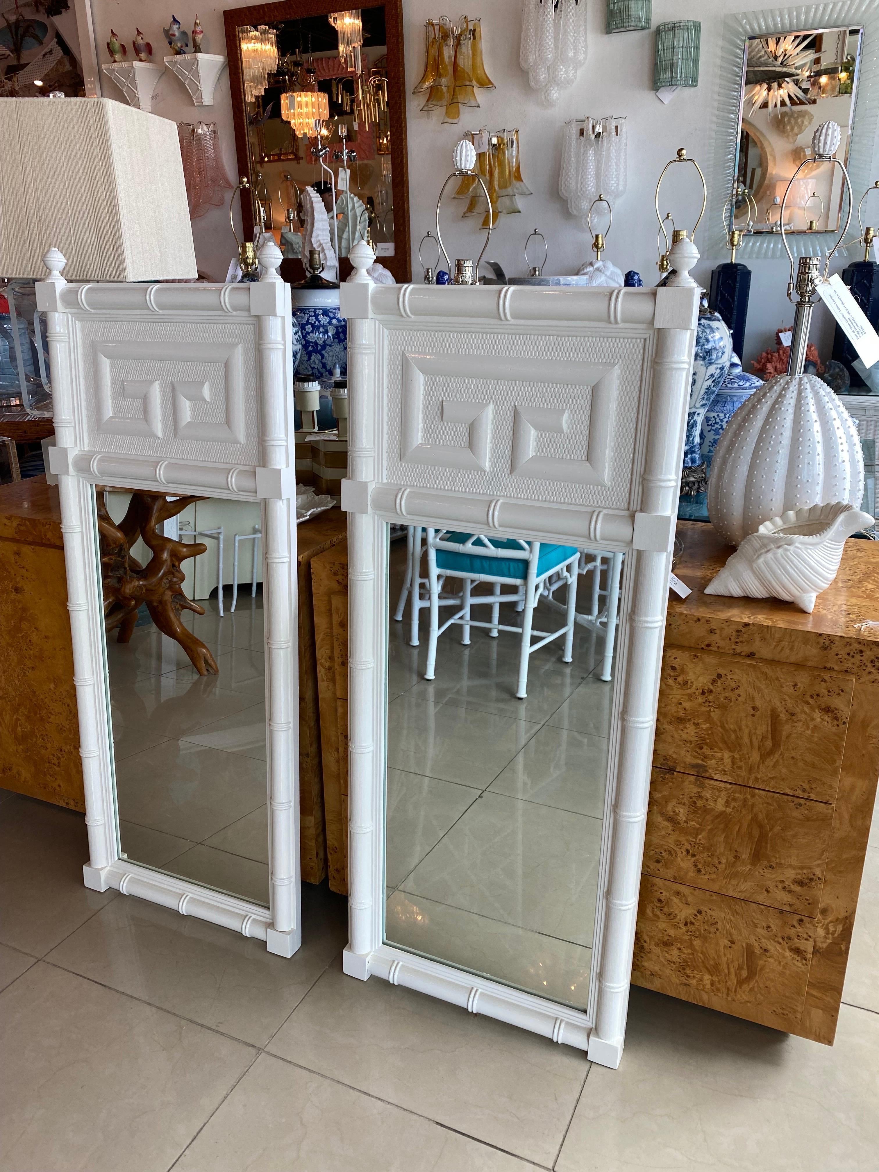 Vintage Pair of Wood Faux Bamboo Greek Key White Lacquered Wall Mirrors 9