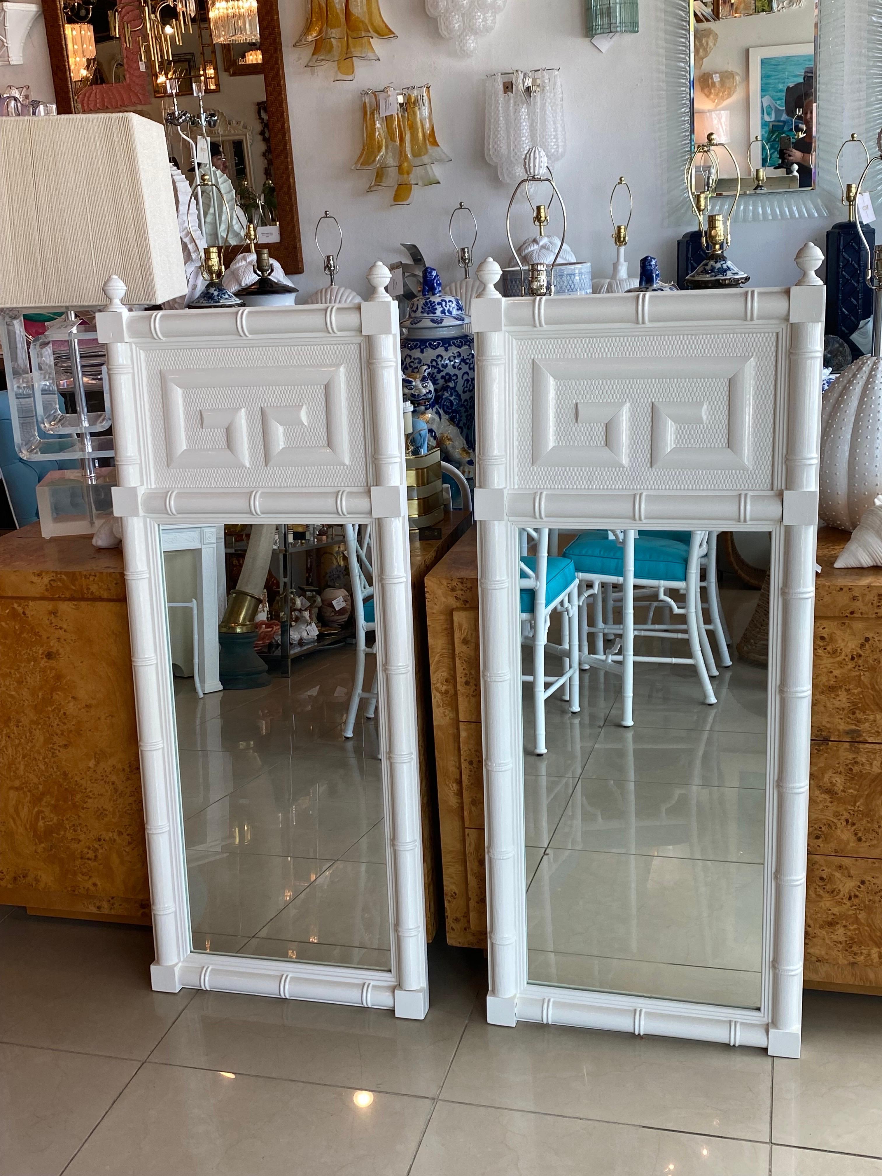 American Vintage Pair of Wood Faux Bamboo Greek Key White Lacquered Wall Mirrors