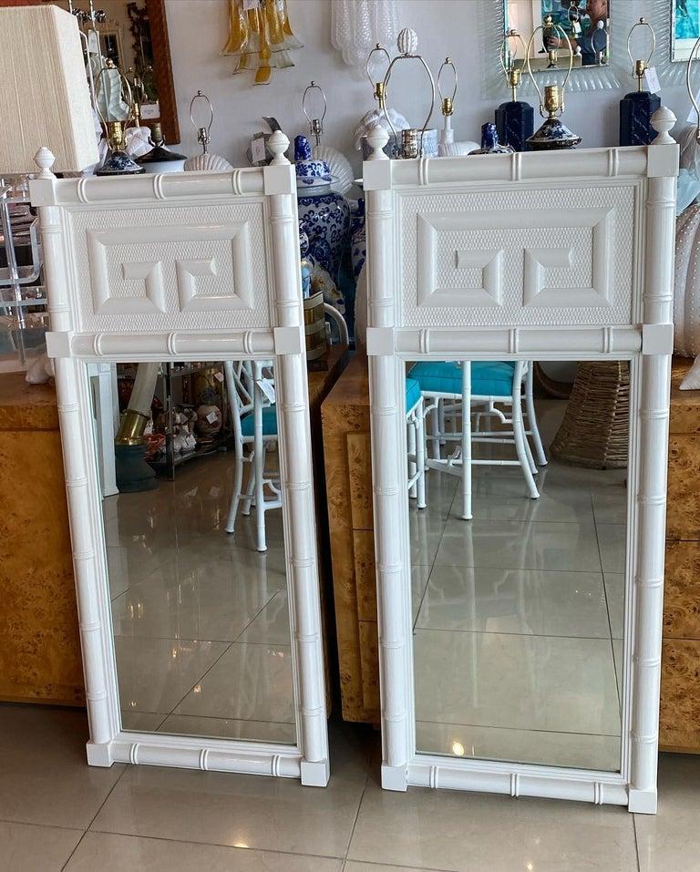 American Vintage Pair of Wood Faux Bamboo Greek Key White Lacquered Wall Mirrors For Sale