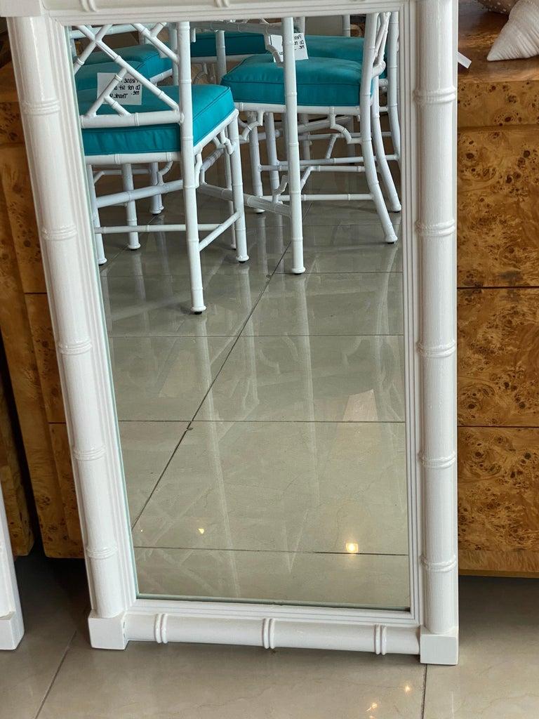 Vintage Pair of Wood Faux Bamboo Greek Key White Lacquered Wall Mirrors In Good Condition For Sale In West Palm Beach, FL