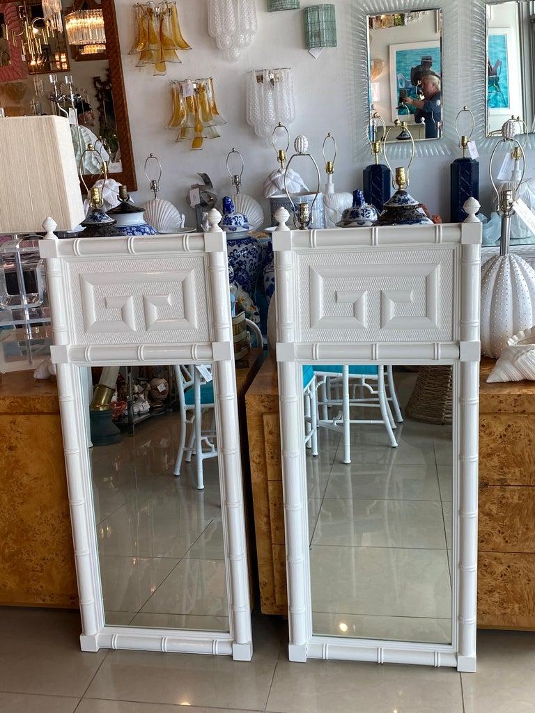 Late 20th Century Vintage Pair of Wood Faux Bamboo Greek Key White Lacquered Wall Mirrors For Sale
