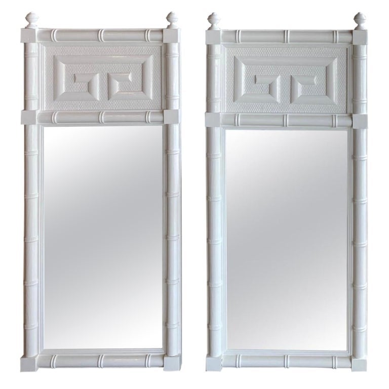 Vintage Pair of Wood Faux Bamboo Greek Key White Lacquered Wall Mirrors For Sale