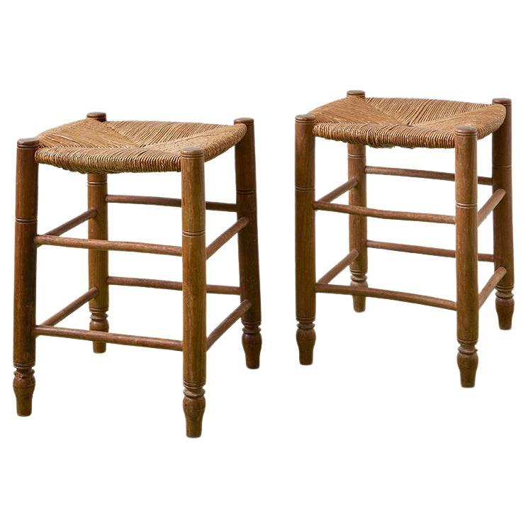 Vintage Pair of Wooden Stools with Woven Rush Seats, France, 1950s For Sale