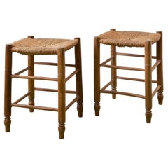 Vintage Pair of Wooden Stools with Woven Rush Seats, France, 1950s