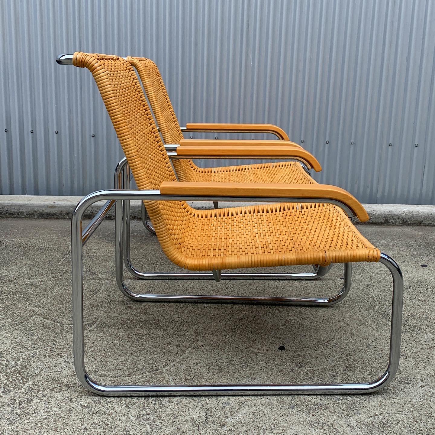 German Vintage Pair of Woven Cane B35 Lounge Chairs by Marcel Breuer For Sale