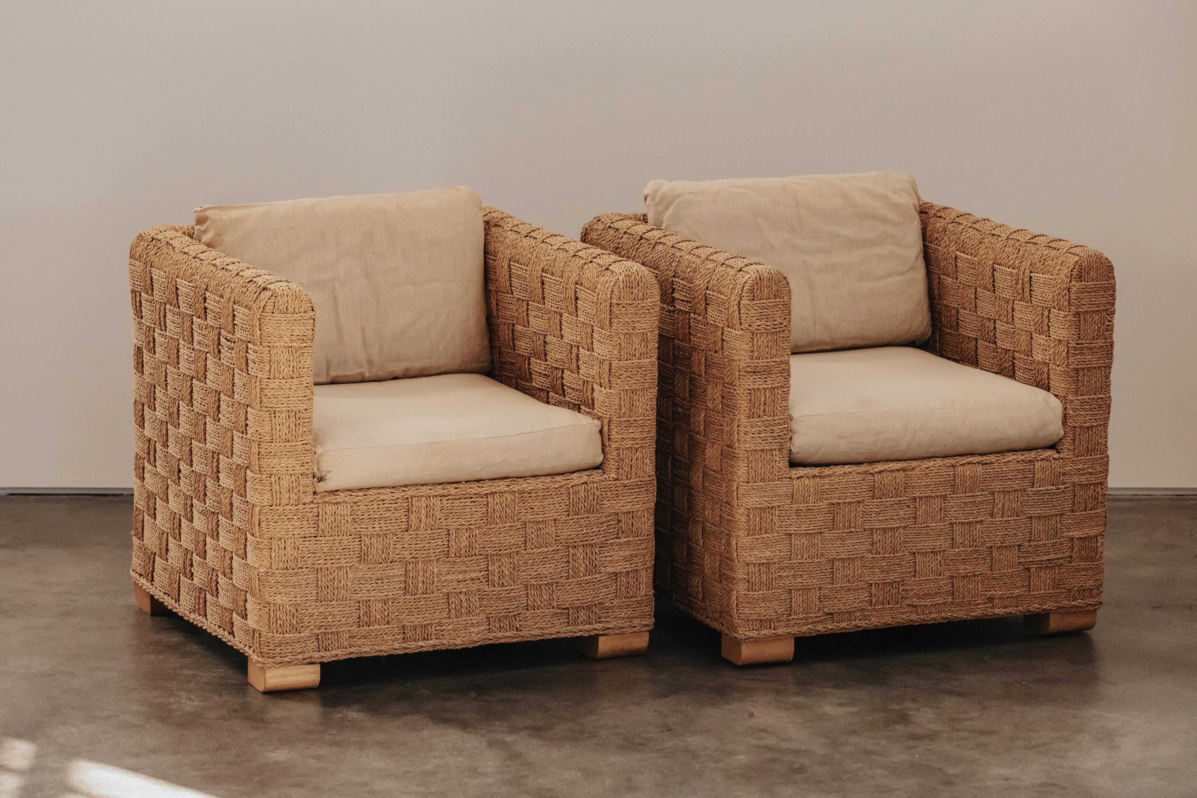 European Vintage Pair Of Woven Lounge Chairs From France, Circa 1970 For Sale