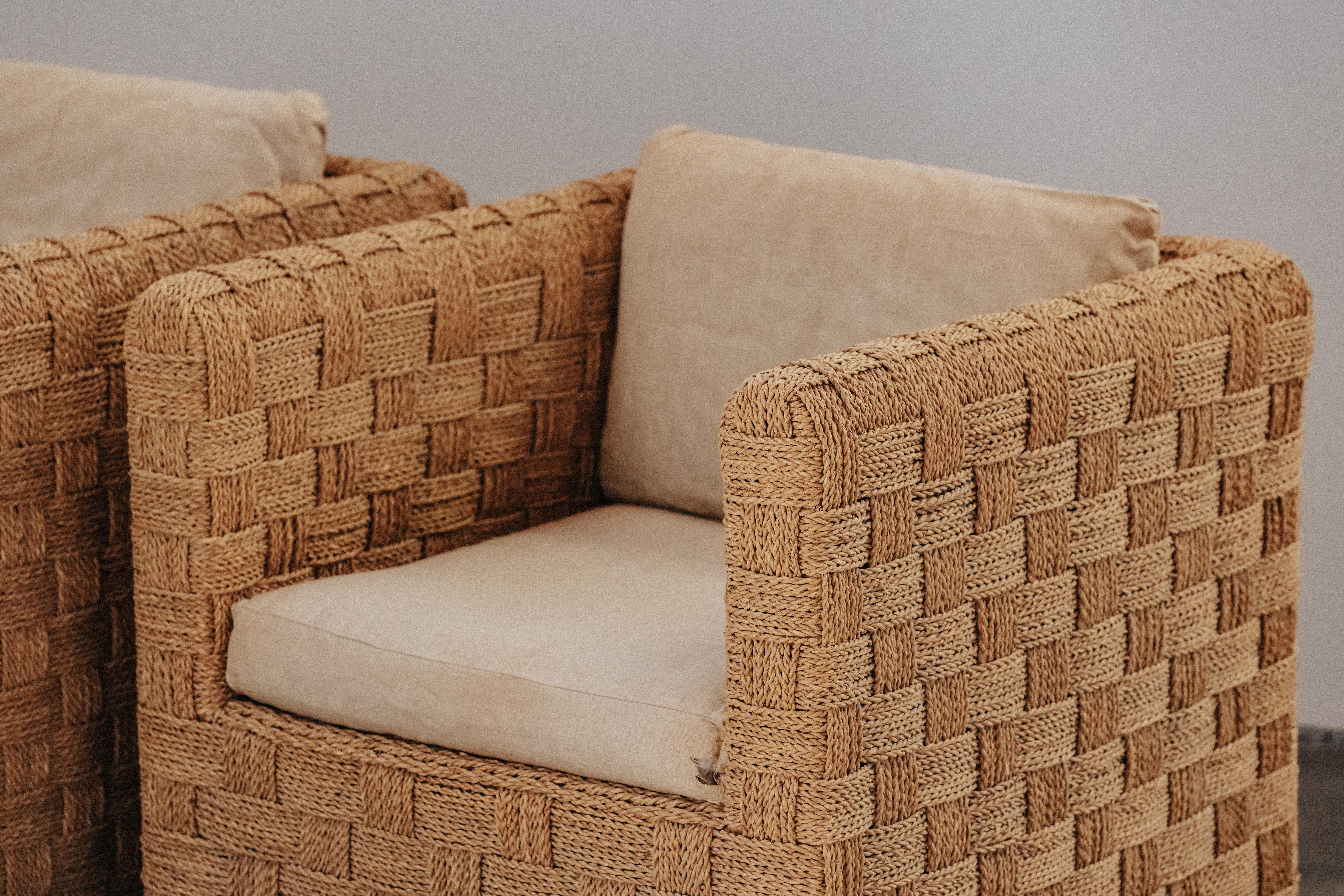 Vintage Pair Of Woven Lounge Chairs From France, Circa 1970 In Good Condition For Sale In Nashville, TN