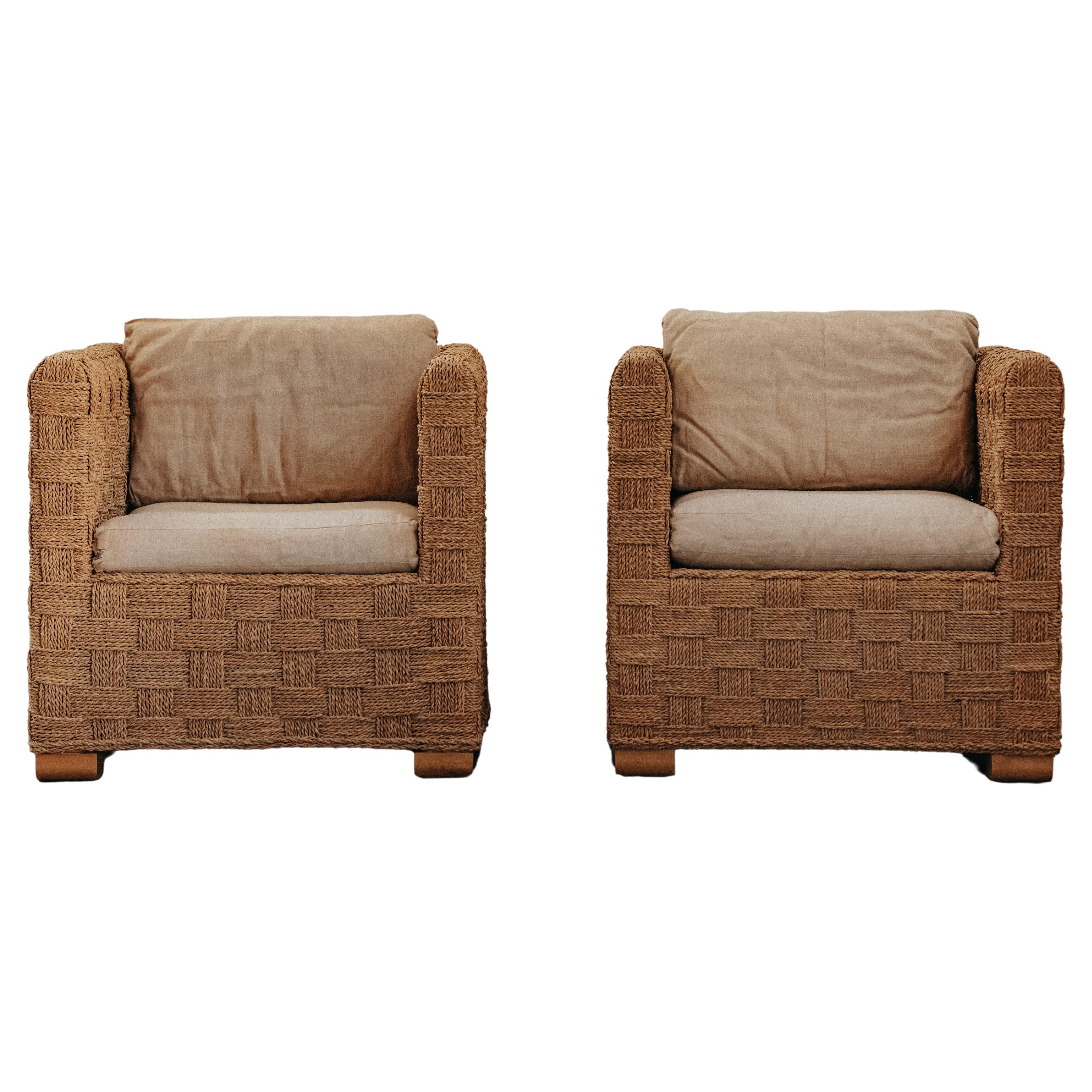Vintage Pair Of Woven Lounge Chairs From France, Circa 1970