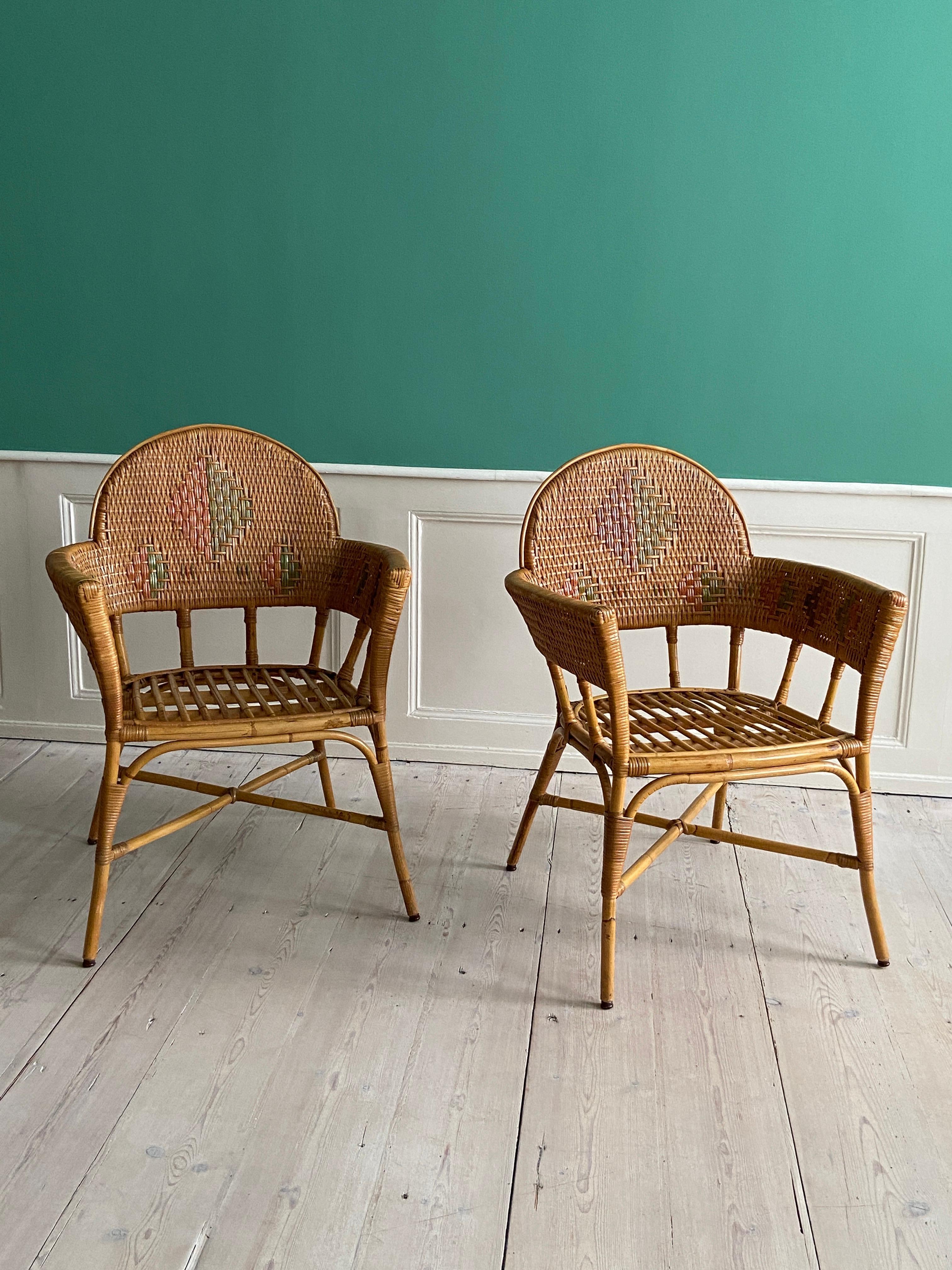 Vintage Pair of Woven Rattan and Bamboo Chairs, France, Early 20th Century 5