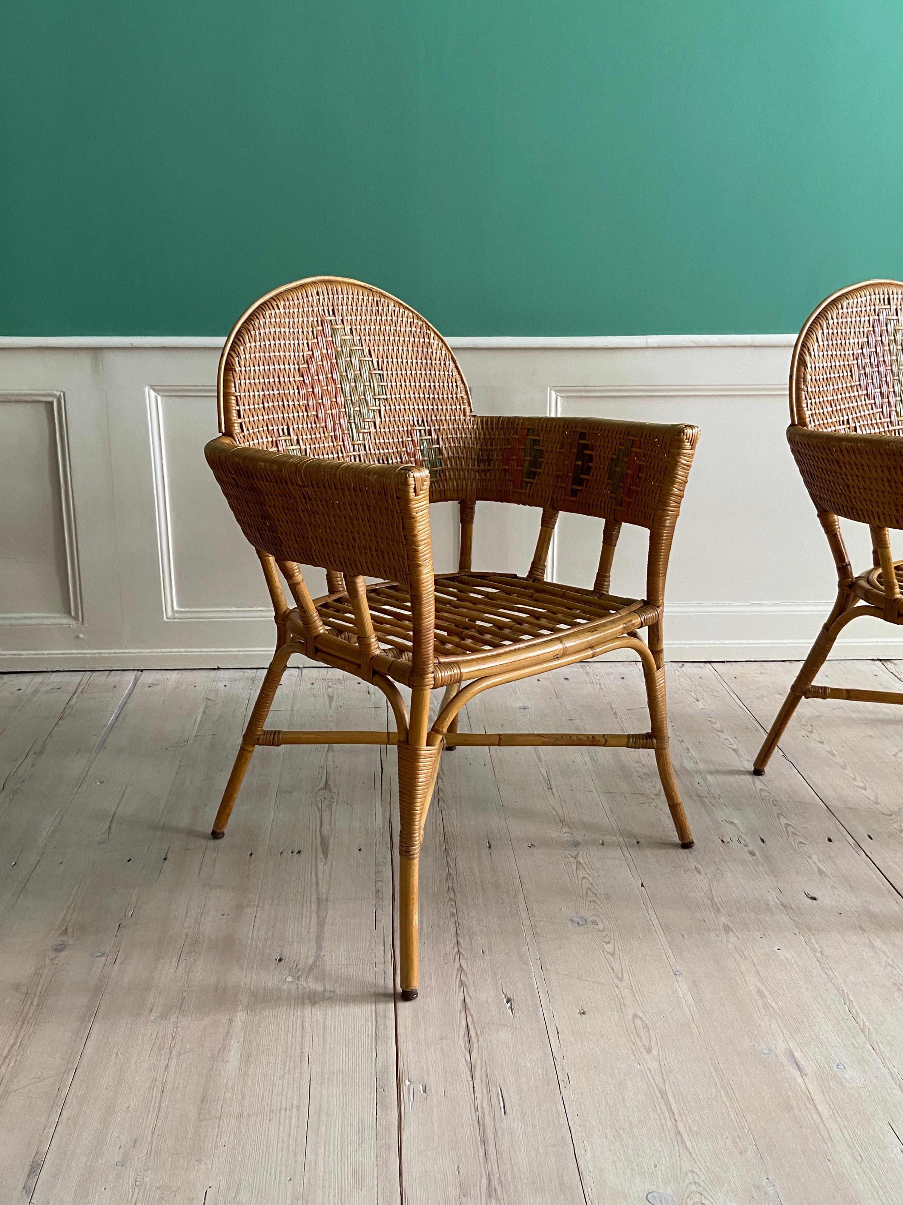 French Vintage Pair of Woven Rattan and Bamboo Chairs, France, Early 20th Century