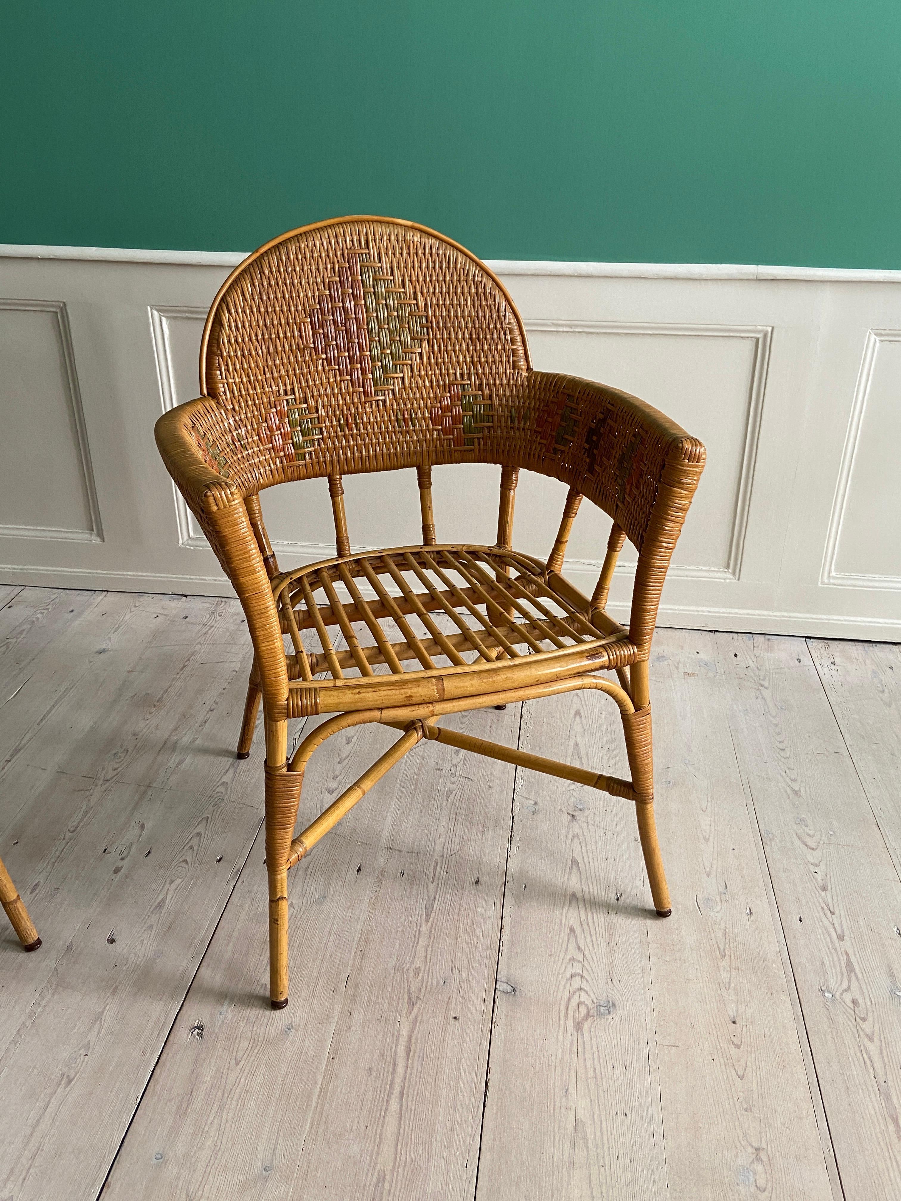 Hand-Crafted Vintage Pair of Woven Rattan and Bamboo Chairs, France, Early 20th Century