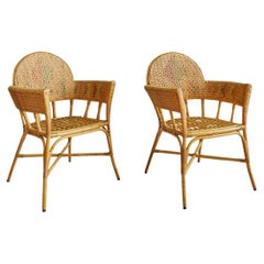 Antique Pair of Woven Rattan and Bamboo Chairs, France, Early 20th Century