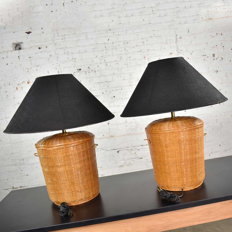 Vintage Pair of Woven Rattan Wicker Basket Lamps with Black Coolie