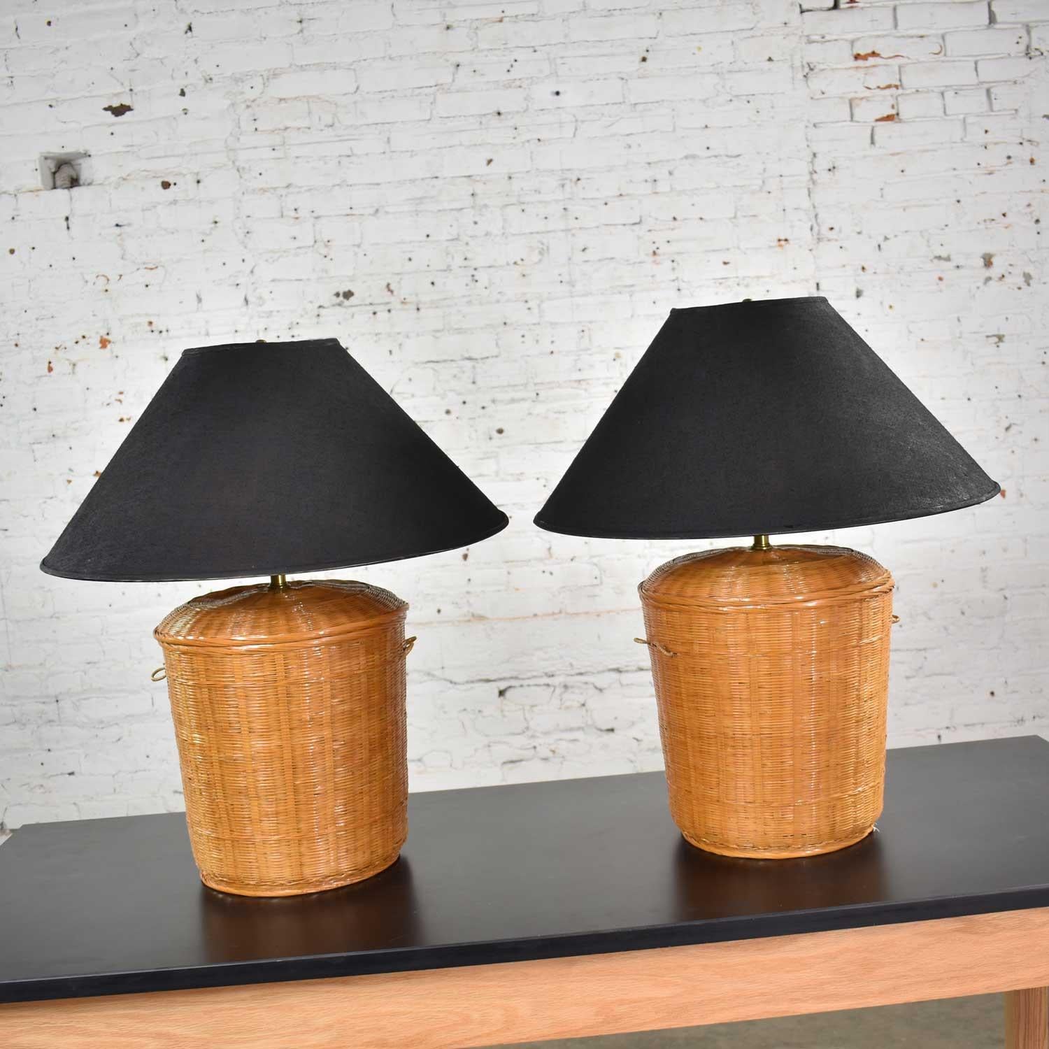 Organic Modern Vintage Pair of Woven Rattan Wicker Basket Lamps with Black Coolie Shades