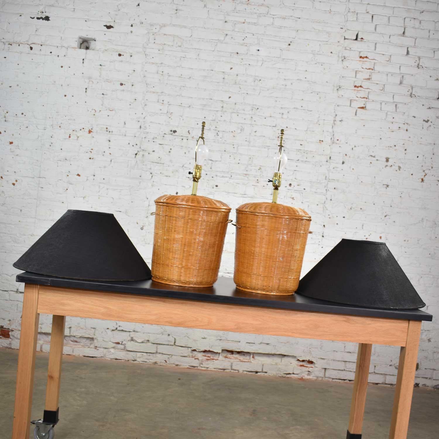 Vintage Pair of Woven Rattan Wicker Basket Lamps with Black Coolie Shades In Good Condition In Topeka, KS