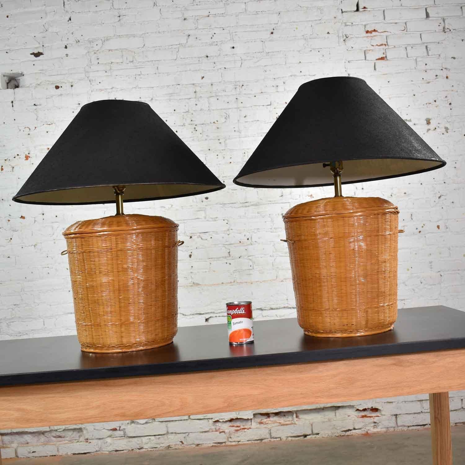 20th Century Vintage Pair of Woven Rattan Wicker Basket Lamps with Black Coolie Shades