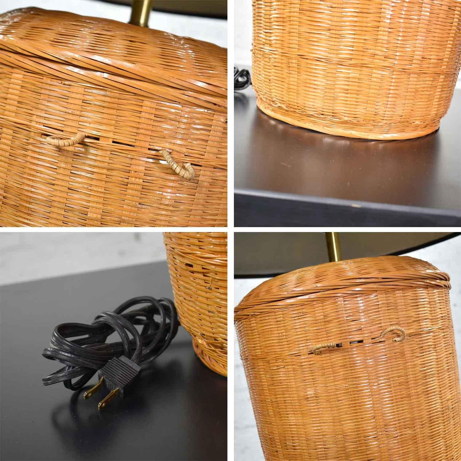 Fabric Vintage Pair of Woven Rattan Wicker Basket Lamps with Black Coolie Shades
