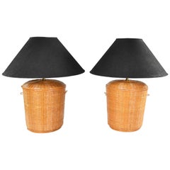 Vintage Pair of Woven Rattan Wicker Basket Lamps with Black Coolie Shades