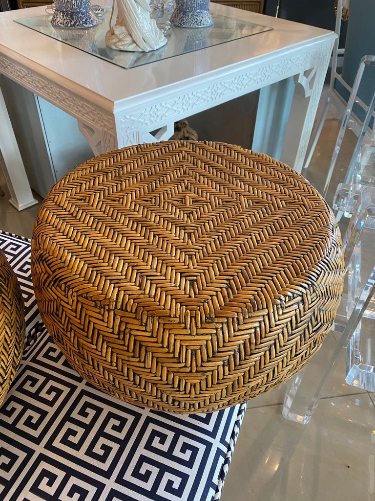Vintage Pair of Woven Wicker Round Footstools Stools Benches Ottomans