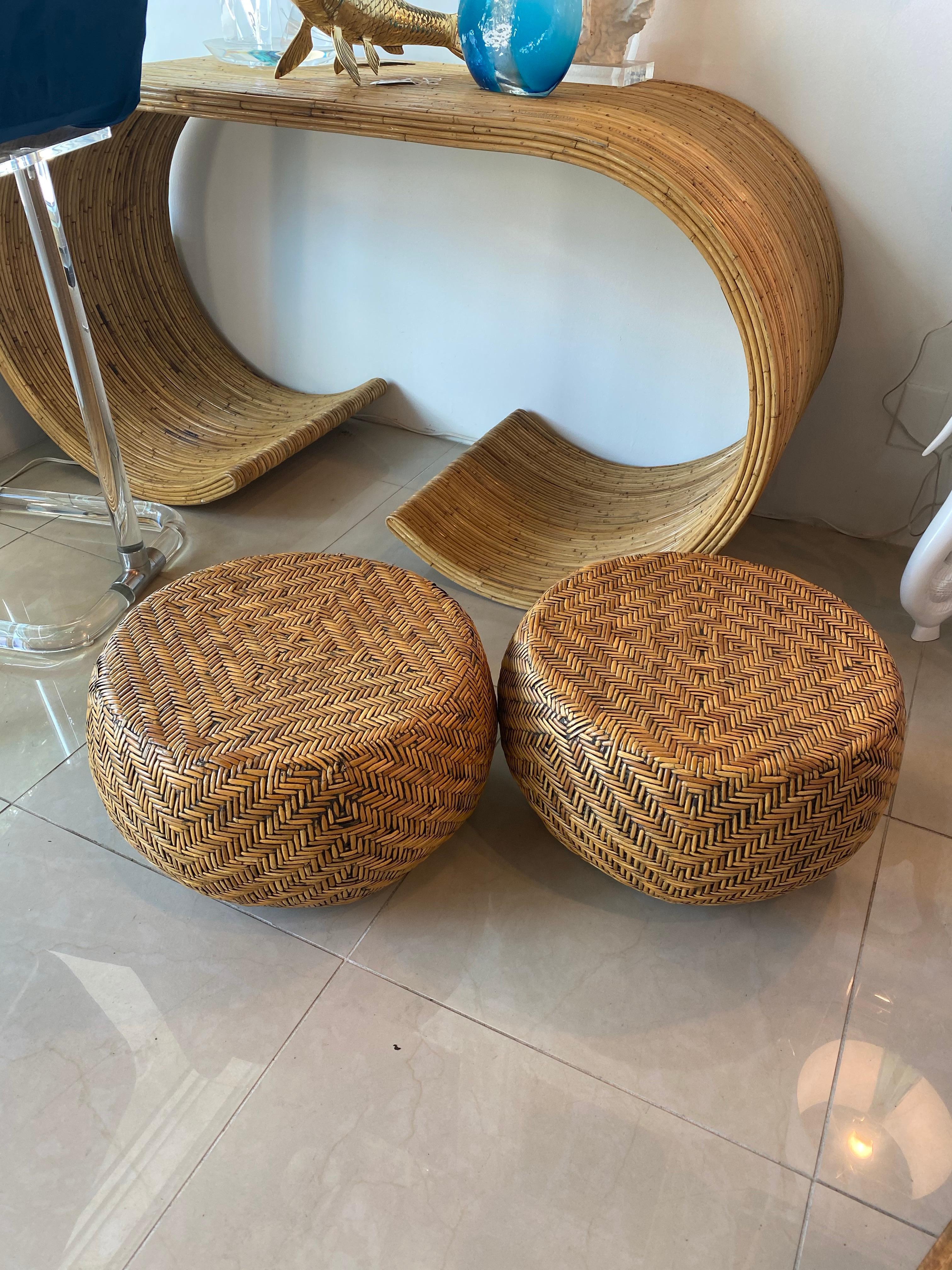 Hollywood Regency Vintage Pair of Woven Wicker Round Footstools Stools Benches Ottomans