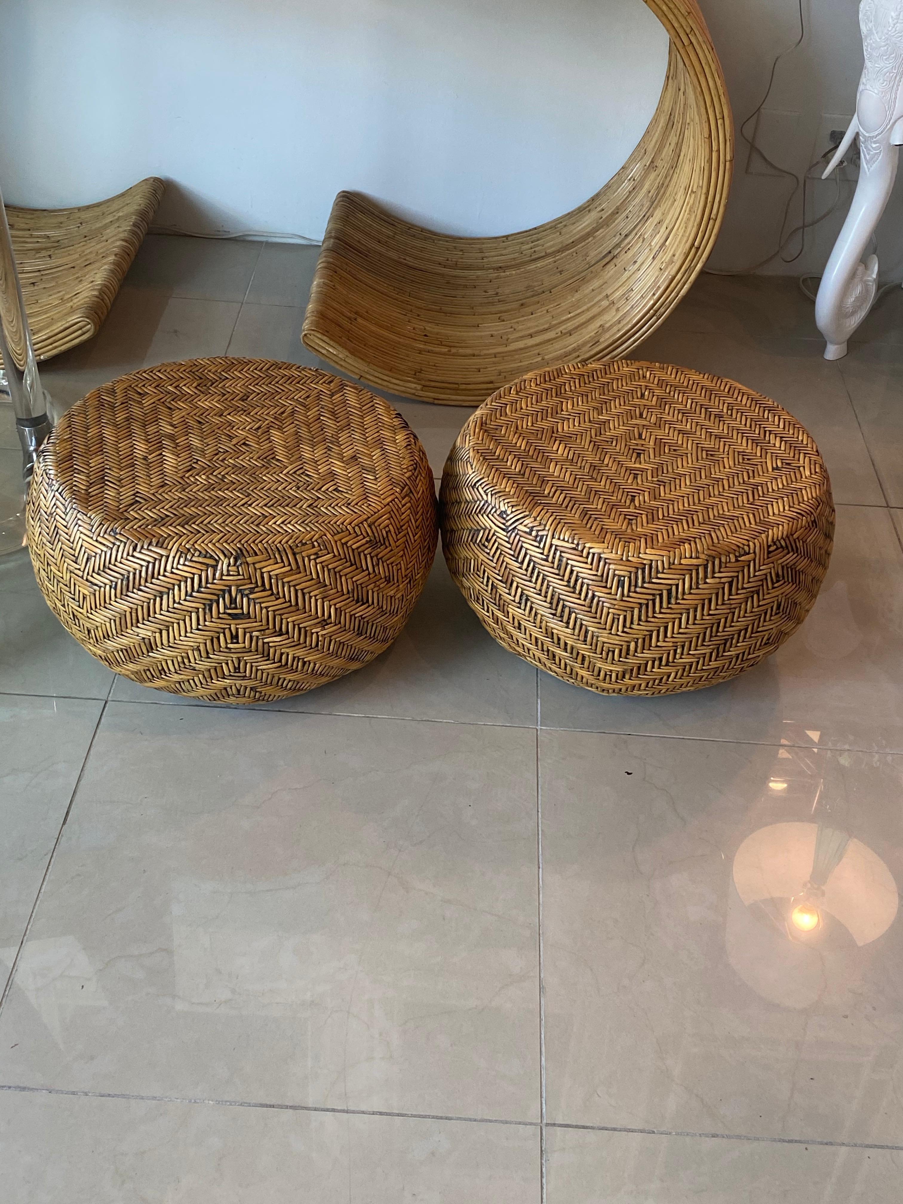 Late 20th Century Vintage Pair of Woven Wicker Round Footstools Stools Benches Ottomans