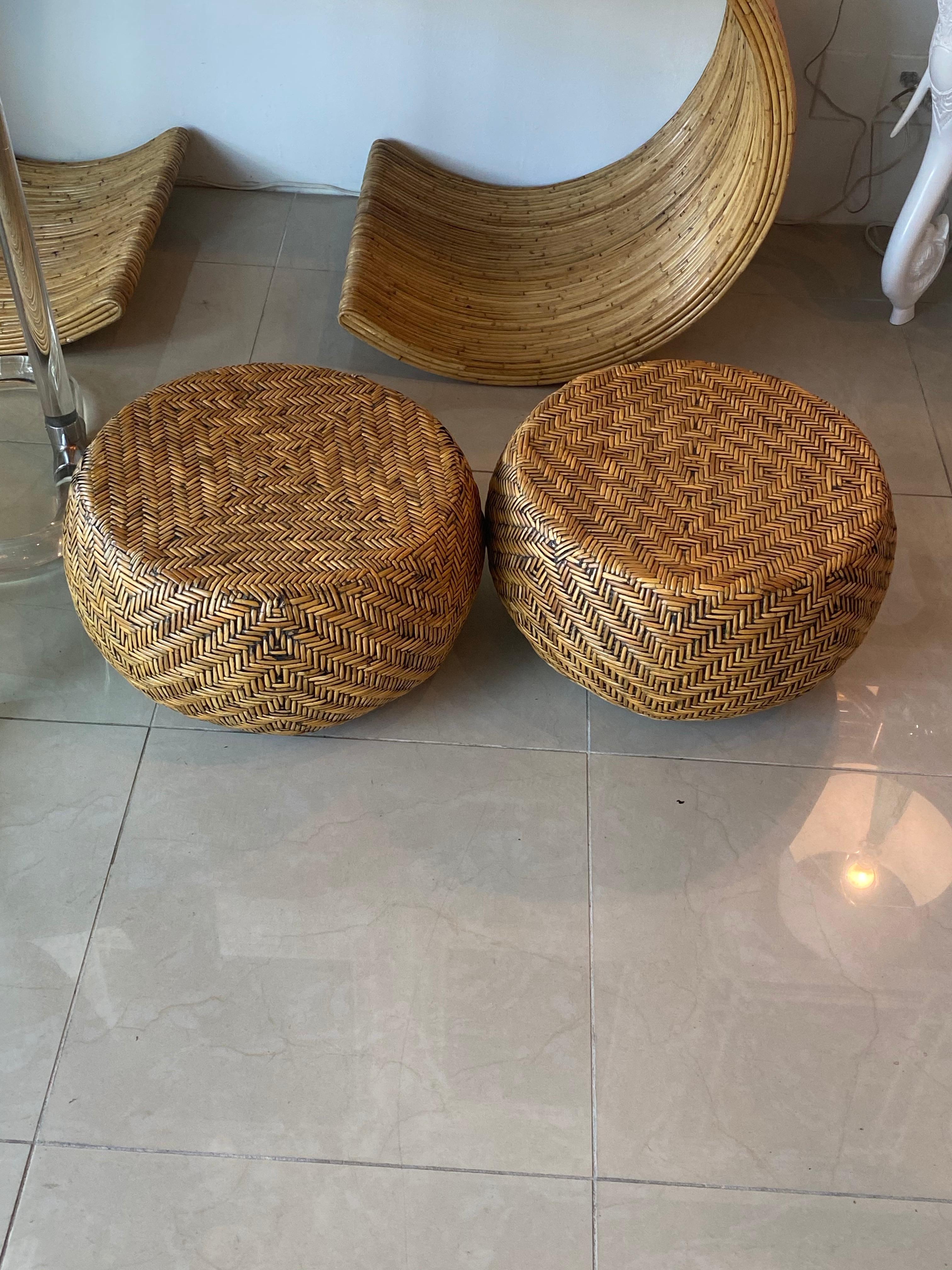 Vintage Pair of Woven Wicker Round Footstools Stools Benches Ottomans 1