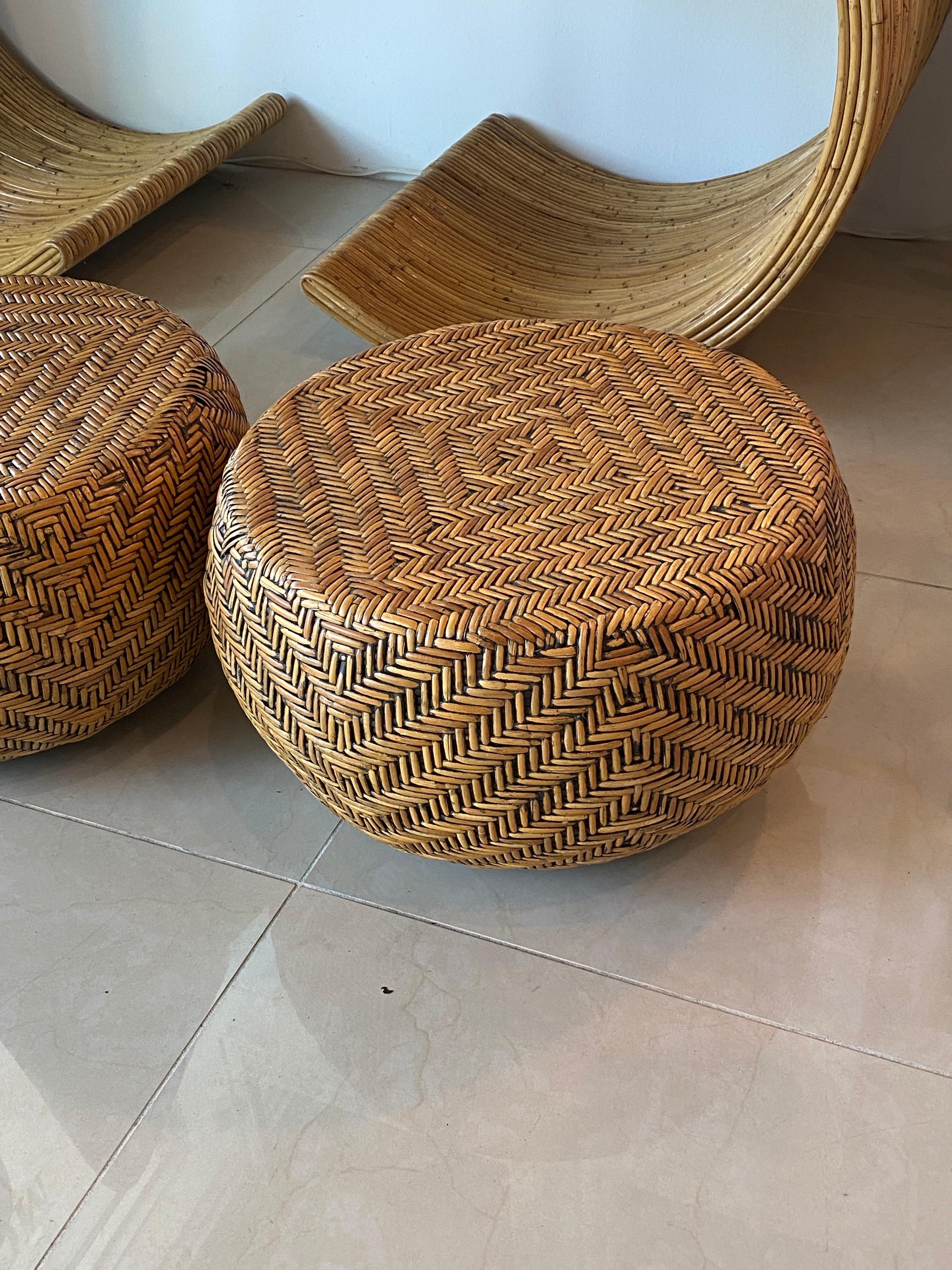 Vintage Pair of Woven Wicker Round Footstools Stools Benches Ottomans 2