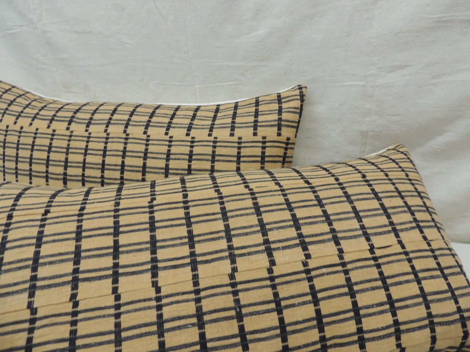 Tribal Vintage Pair of Yellow and Dark Blue African Stripweaves Decorative Pillows For Sale