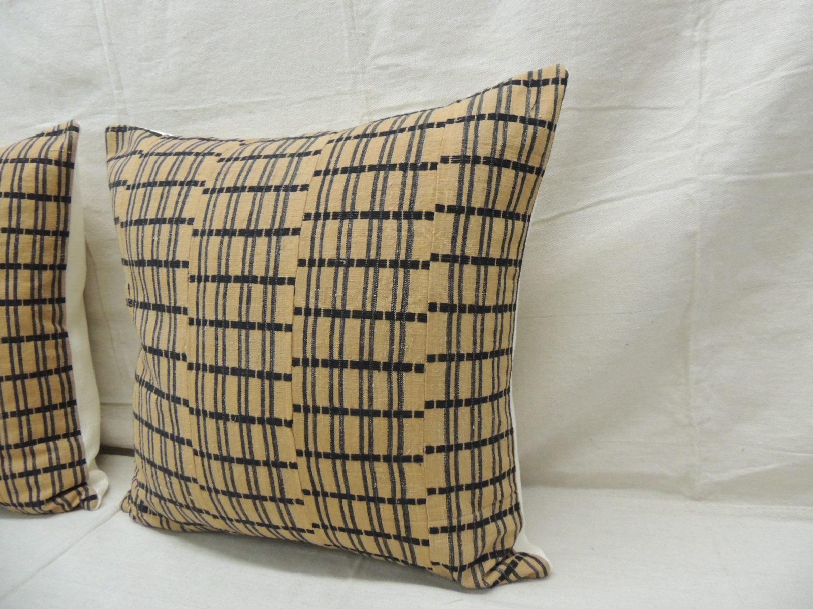 Nigerian Vintage Pair of Yellow and Dark Blue African Stripweaves Decorative Pillows