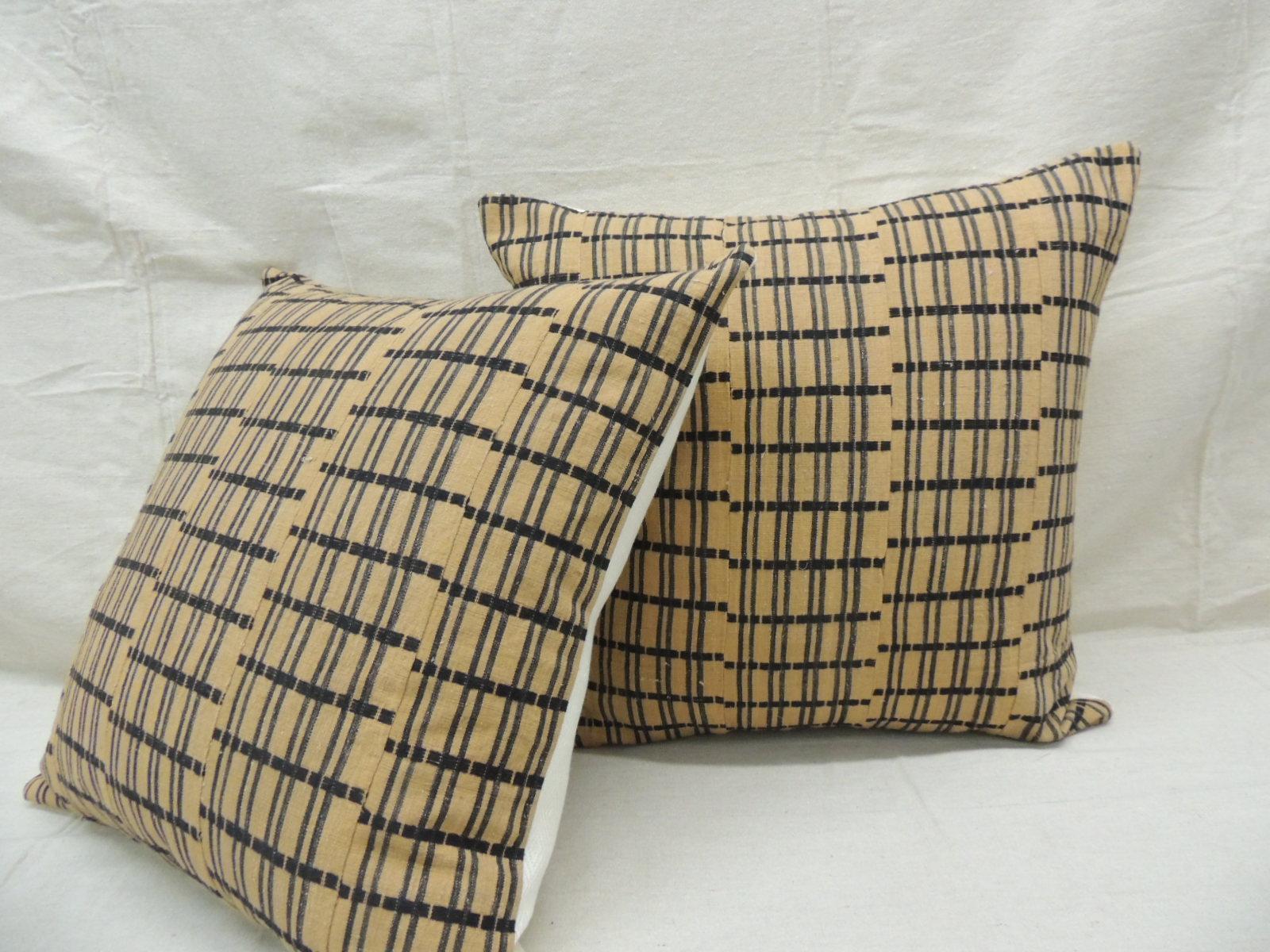 Hand-Crafted Vintage Pair of Yellow and Dark Blue African Stripweaves Decorative Pillows