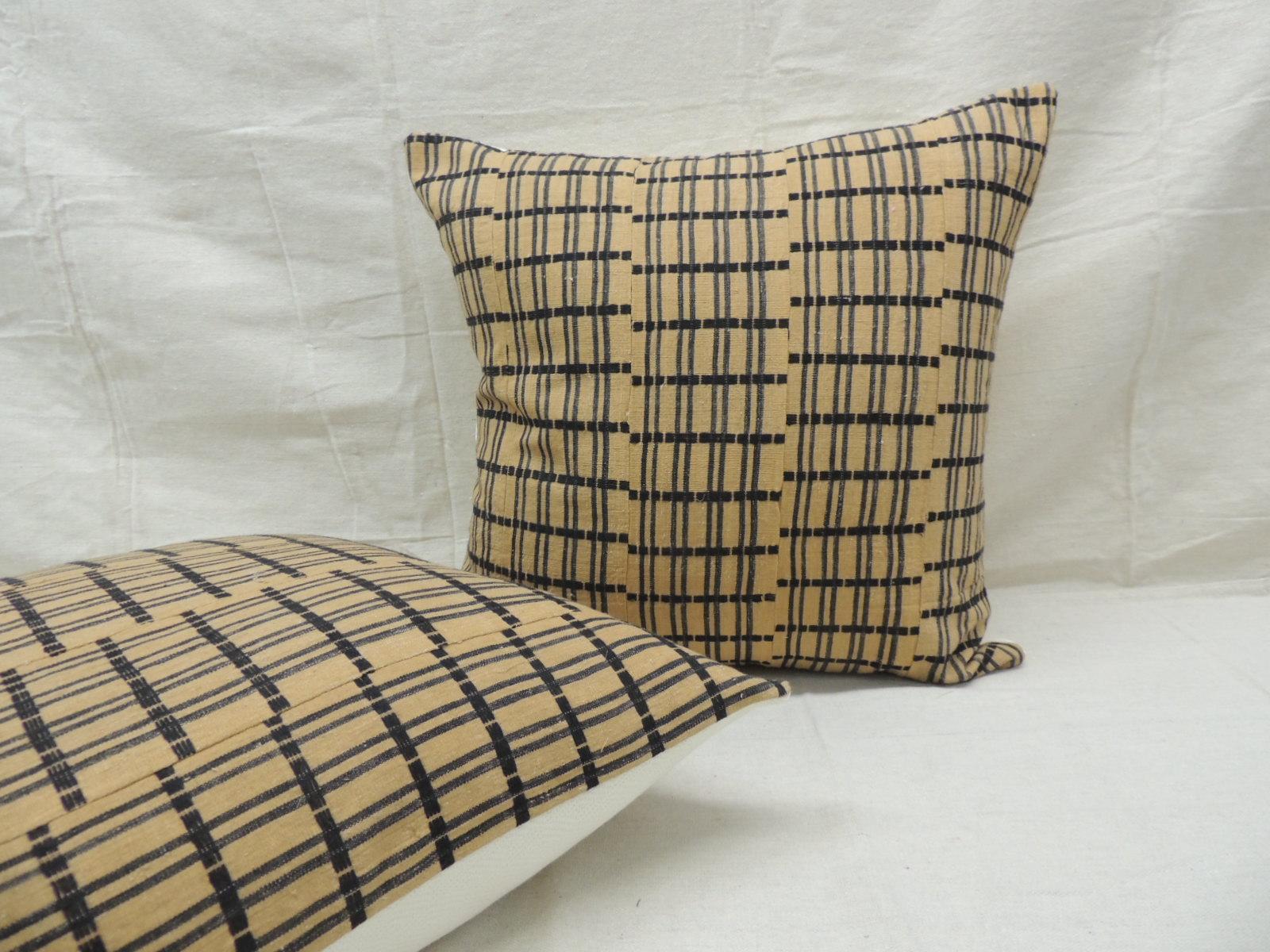Vintage Pair of Yellow and Dark Blue African Stripweaves Decorative Pillows In Good Condition In Oakland Park, FL