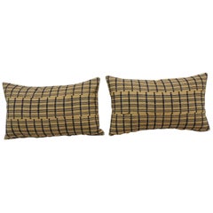 Vintage Pair of Yellow and Dark Blue African Stripweaves Decorative Pillows