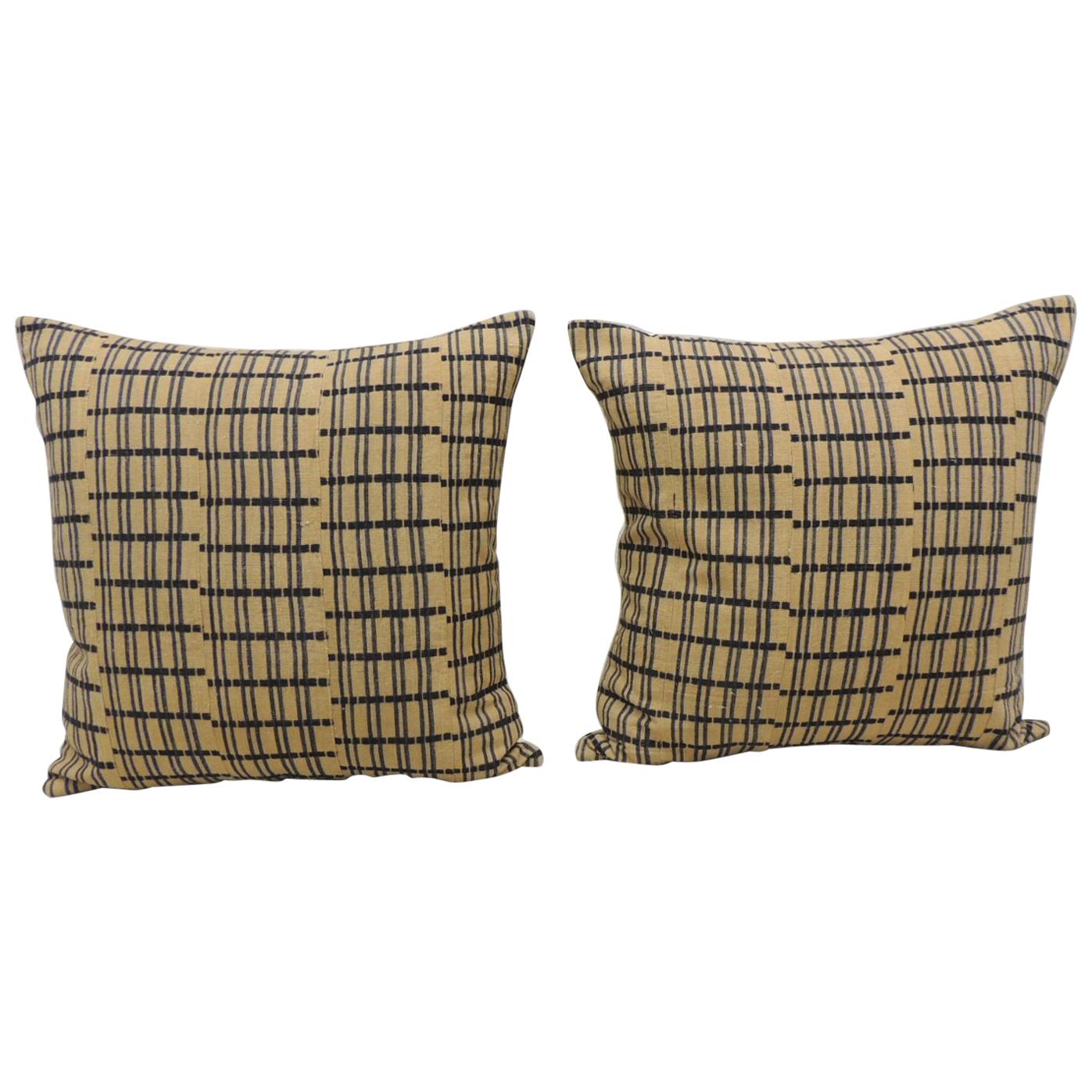 Vintage Pair of Yellow and Dark Blue African Stripweaves Decorative Pillows
