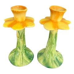 Vintage Pair of Yellow Flower/ Daffodil  Candlesticks Made in Italy
