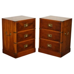 VINTAGE PAIR OF YEW WOOD MILITARY CAMPAIGN BEDSIDE NiGHTSTAND TabLES